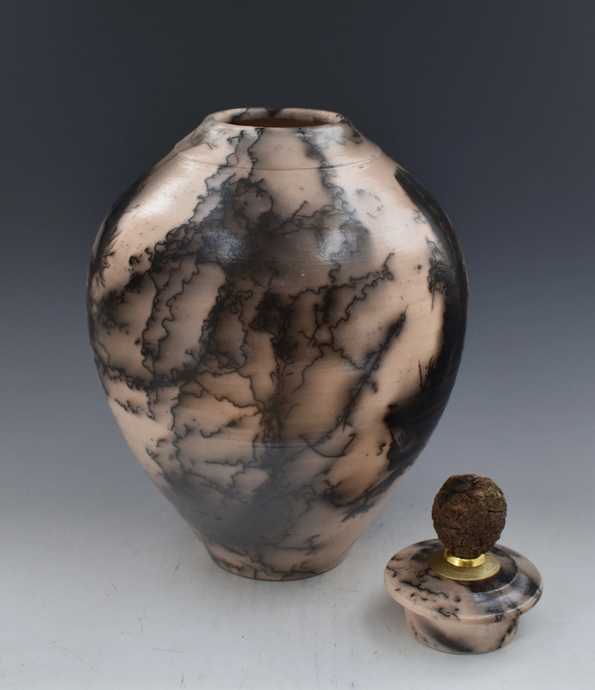 Horsehair Raku Stoneware Vessel with Oak Finial - Image 4