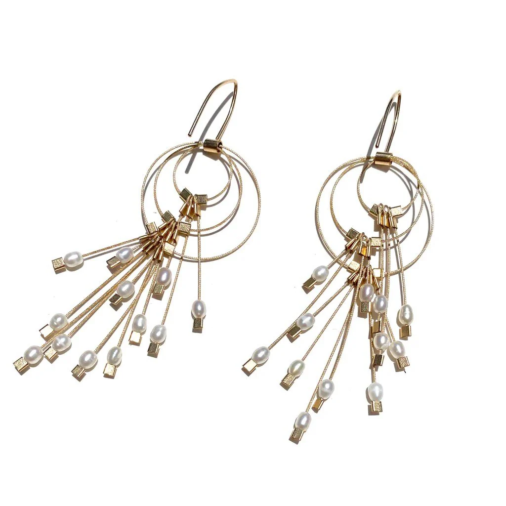 Large Aerial Earrings - White Pearl, Gold Cable & Gold Details - Image 3