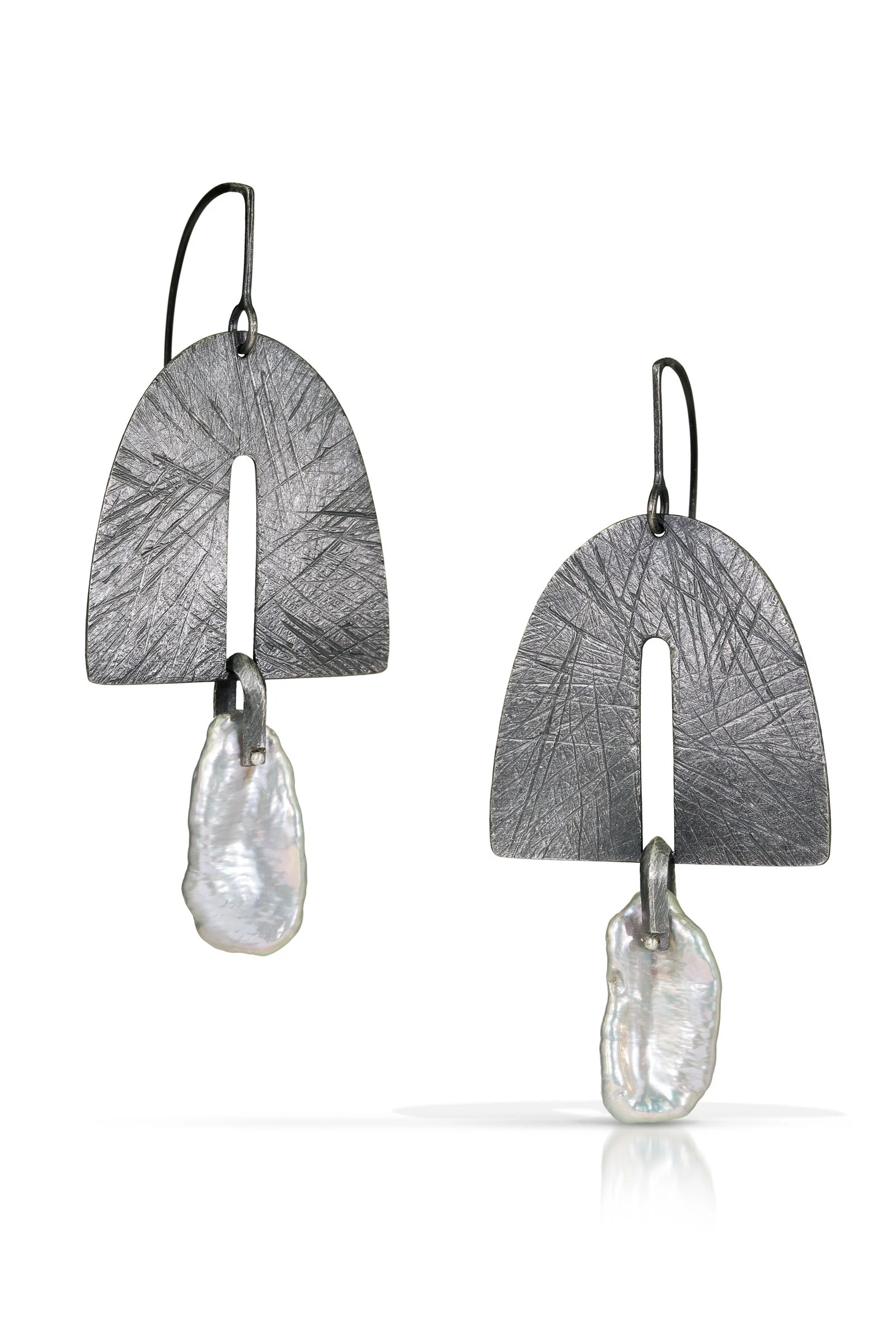 Large Carved Wide Arch Slot Earrings with Biwa Pearls