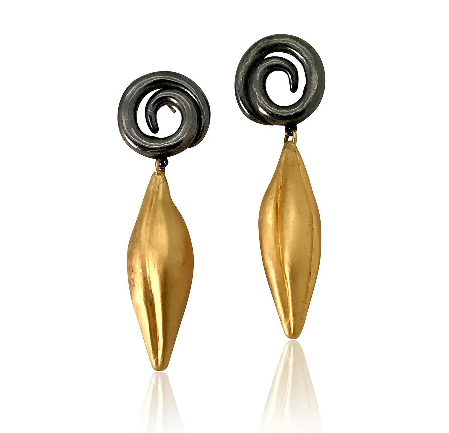 Large Spiral Pod Drop Earrings - 18k Gold Vermeil and Oxidized Silver, Post Back