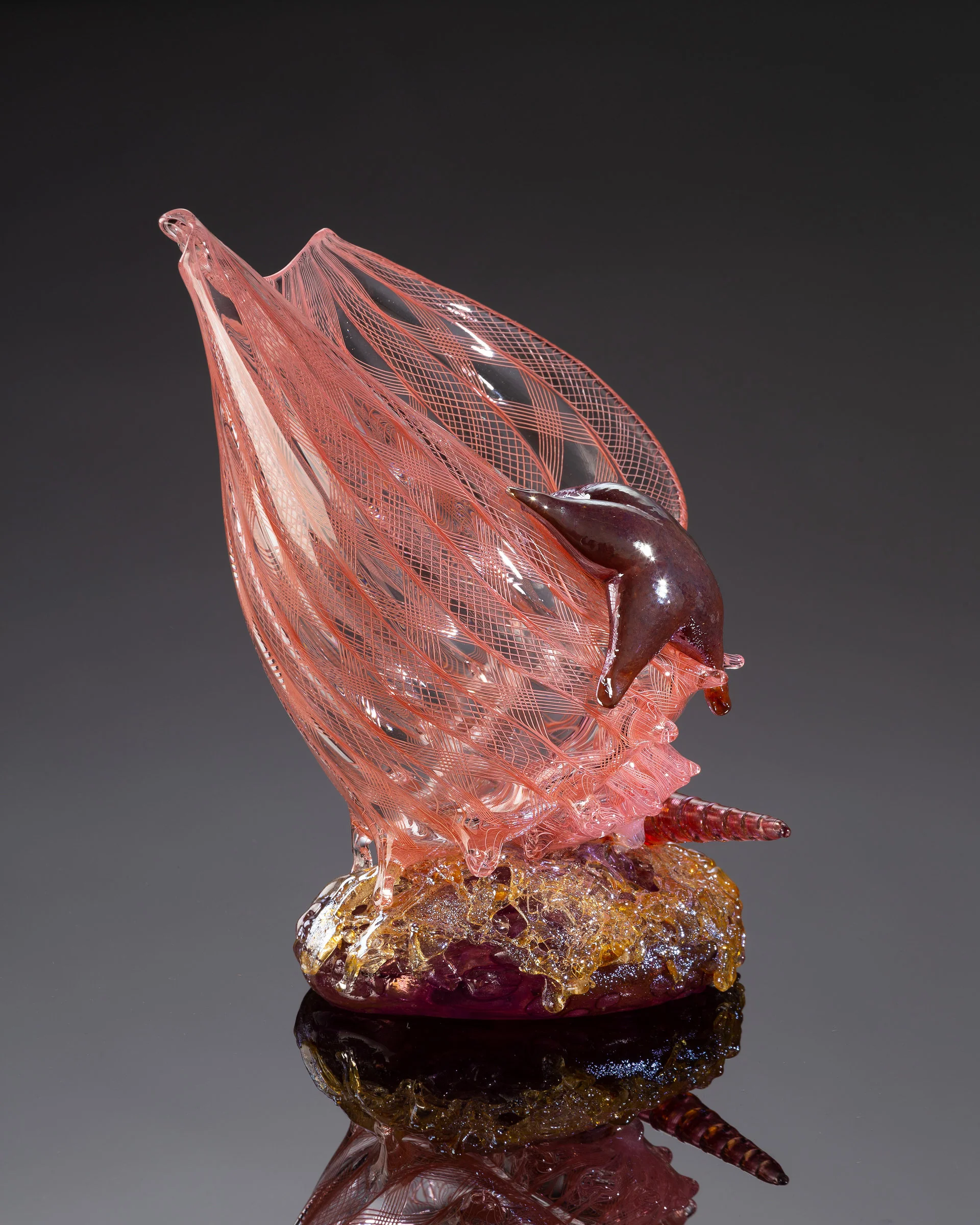 Apricot Latticino Shell Sculpture with Auger Shell and Sea Star - Image 2