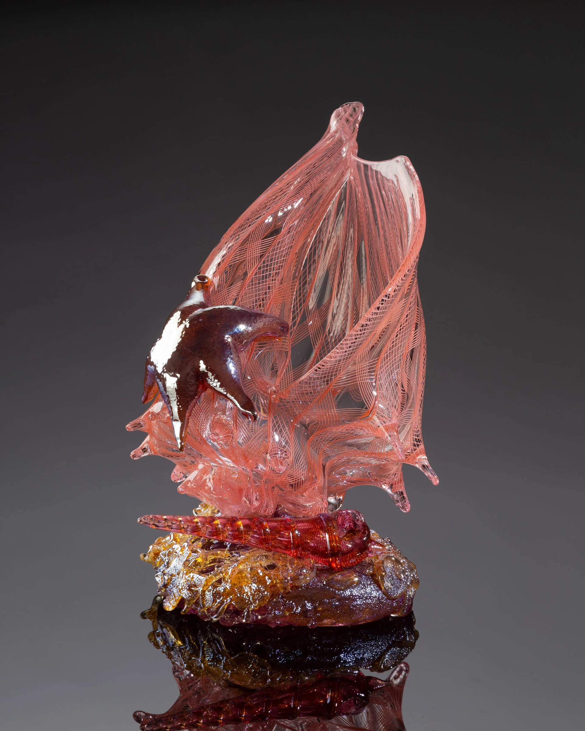 Apricot Latticino Shell Sculpture with Auger Shell and Sea Star - Image 3