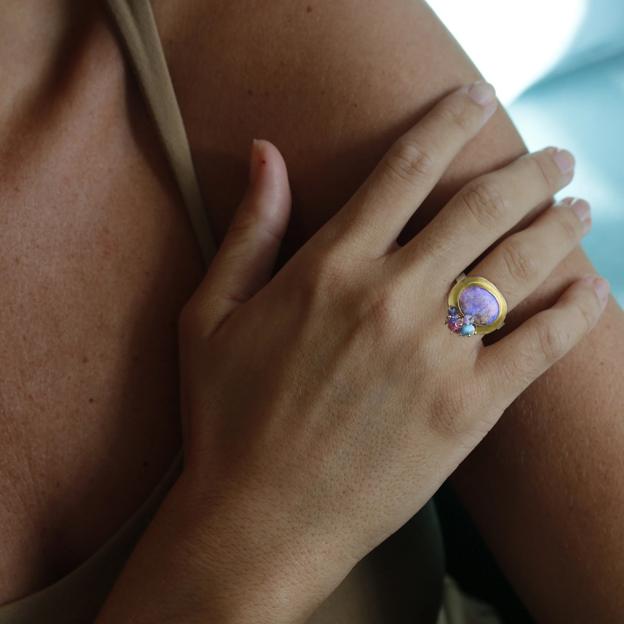 Lilac Crystal Boulder Opal Ring with Multi Cluster - Image 2