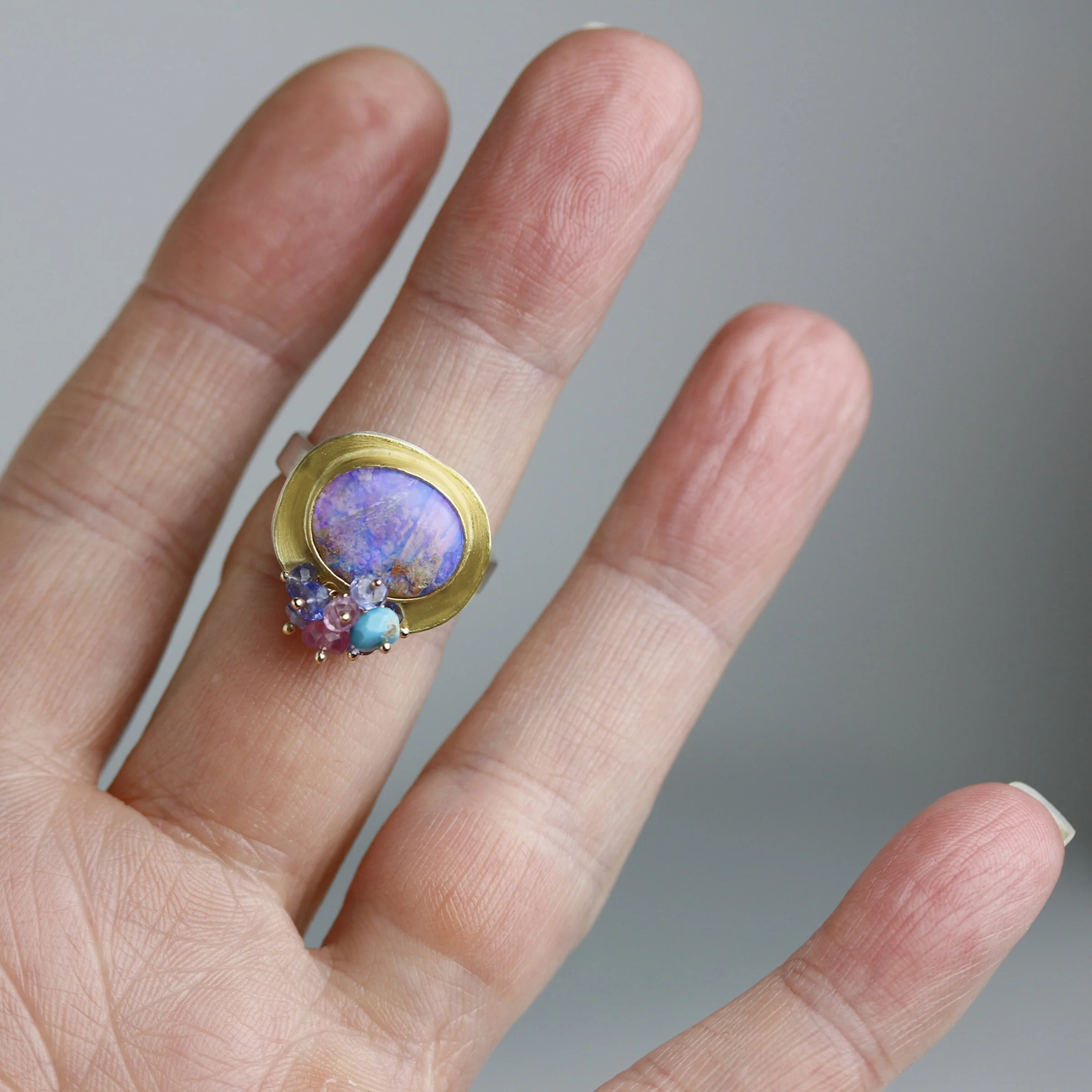 Lilac Crystal Boulder Opal Ring with Multi Cluster - Image 4
