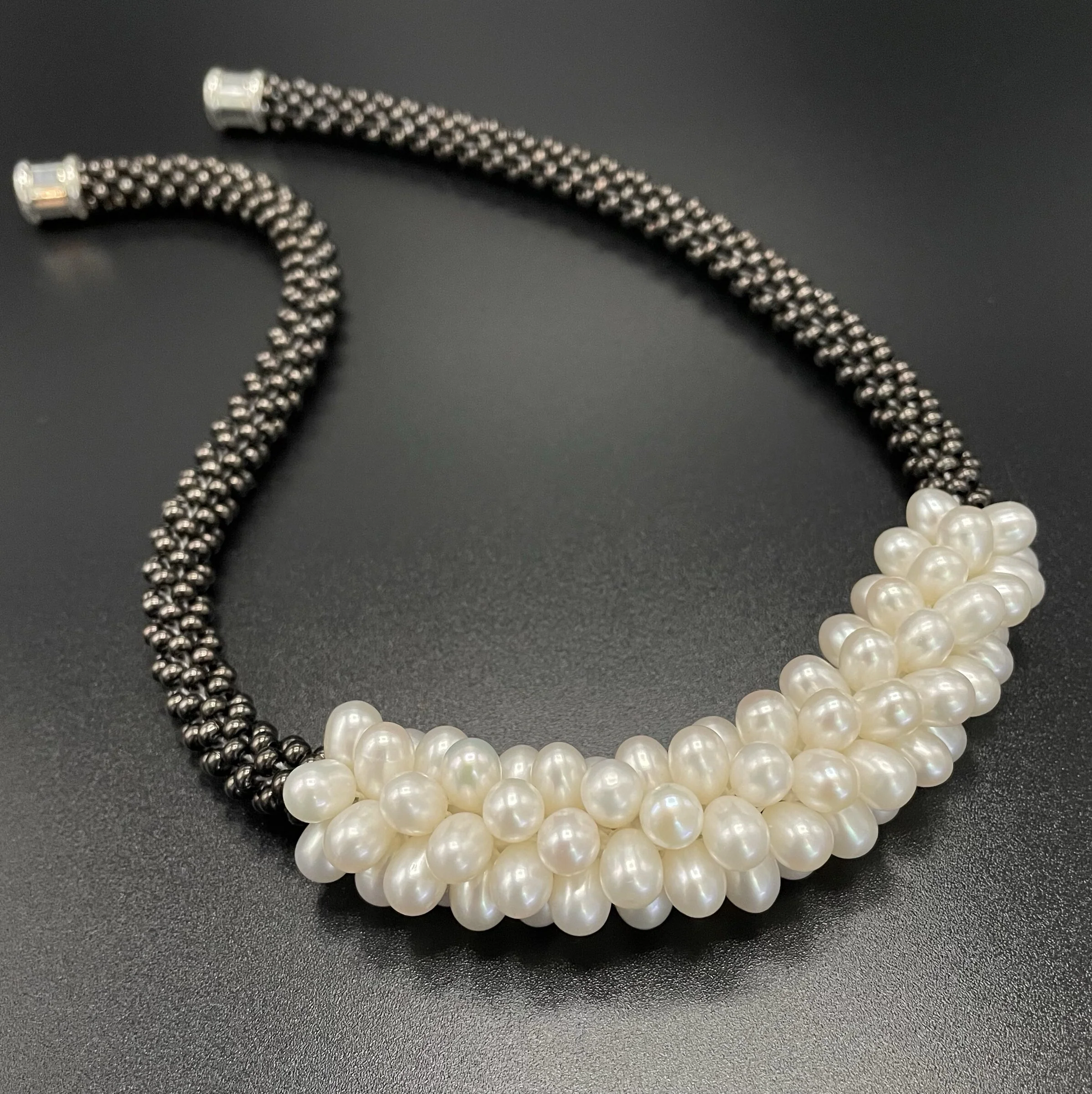 Matte Black & Pearl Crochet Necklace - Image 2