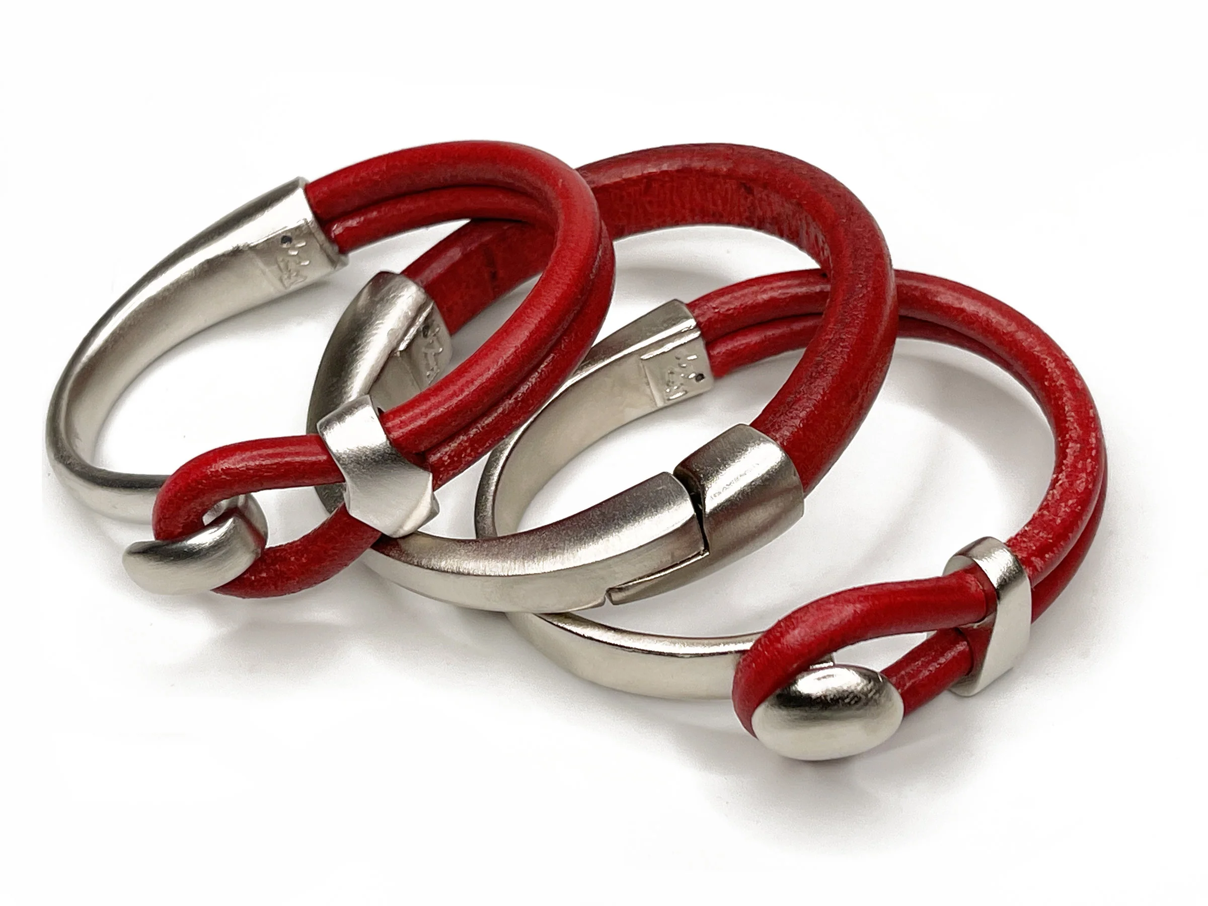 Mix-Match Leather Bracelet Set - Red/Silver Set of Three