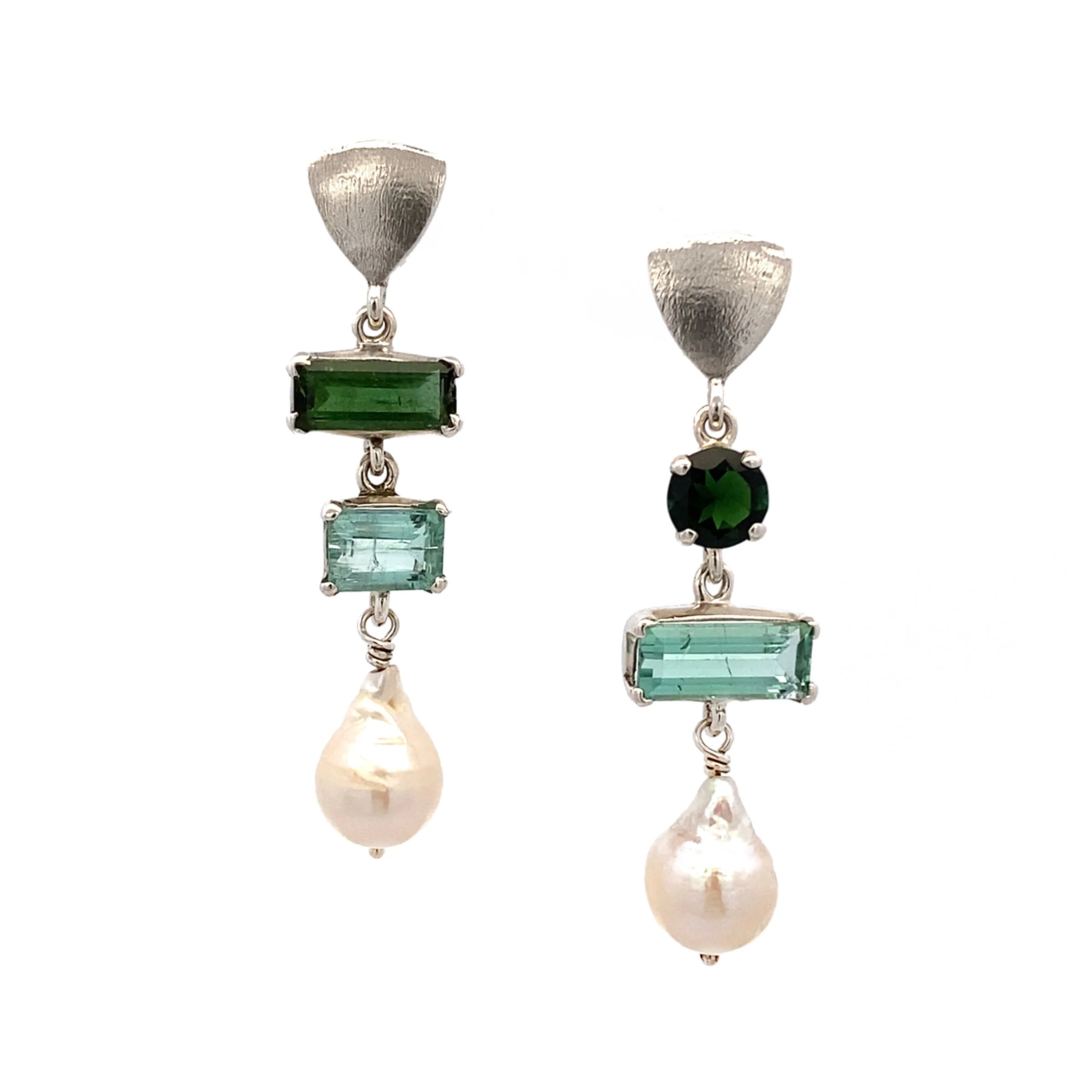 Mixed Tourmaline & Pearl Triangle Top Earrings