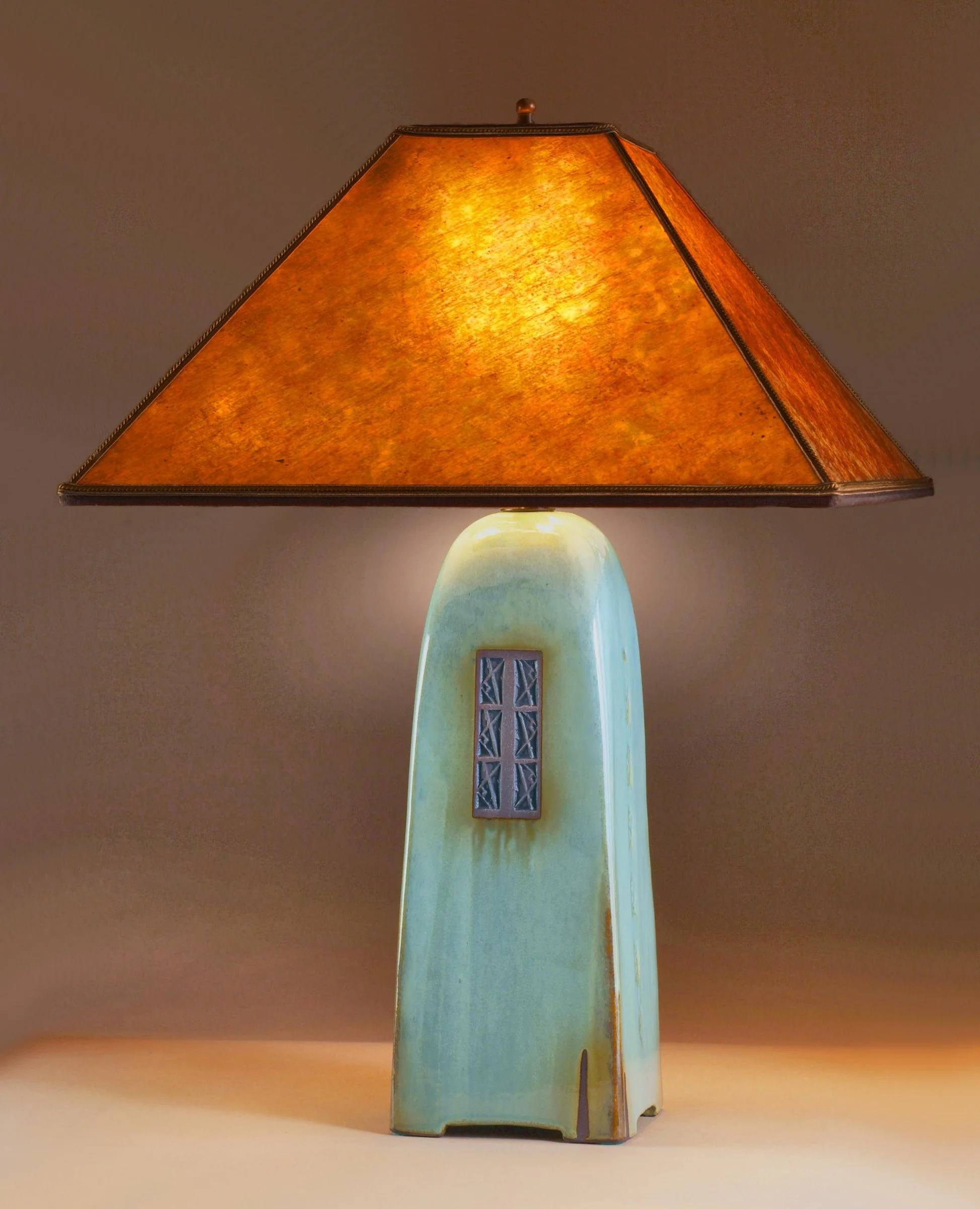 North Union Lamp in Celadon Glaze with Amber Mica Shade - 22" Amber Shade
