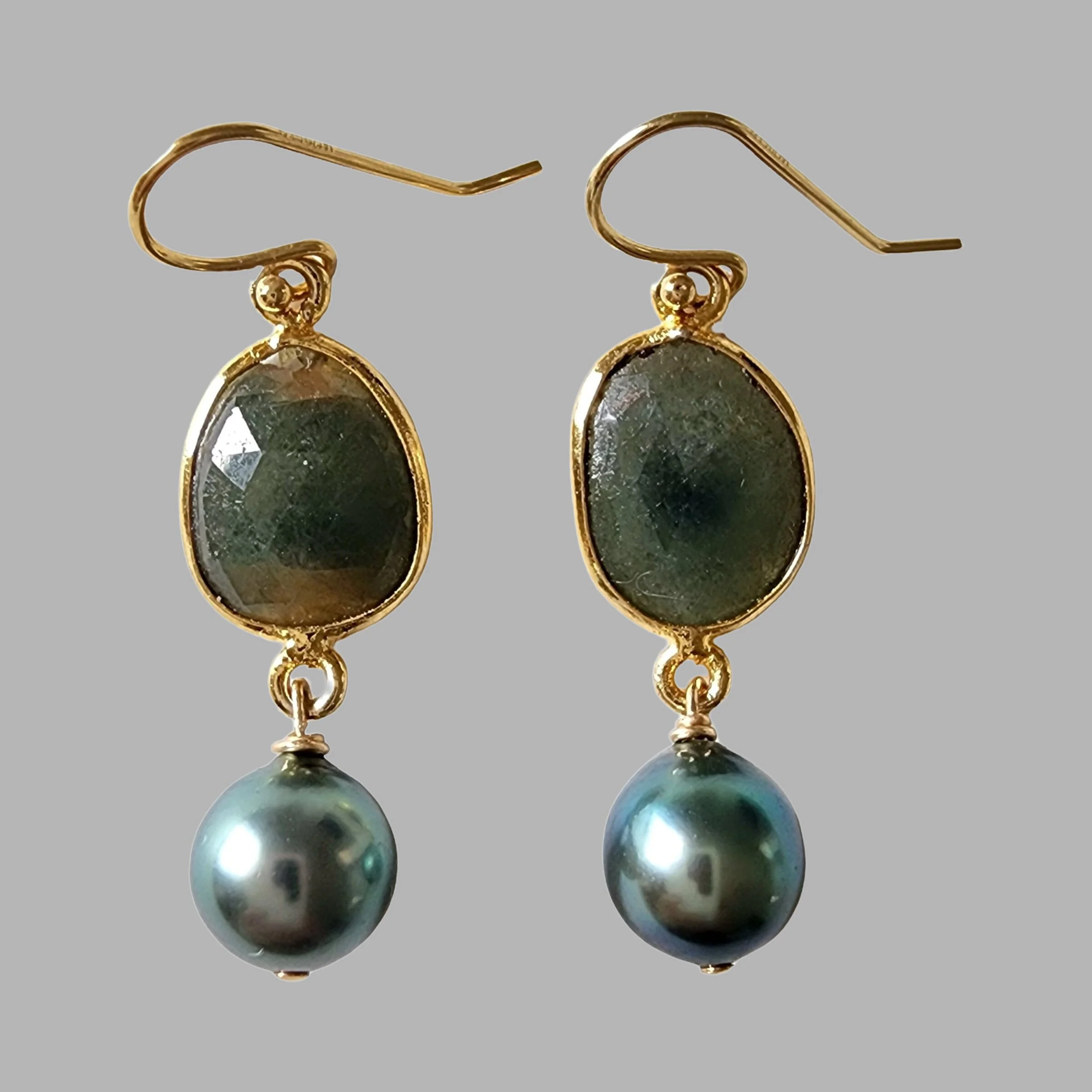 Olive Green Sapphire and Tahitian Pearl Earrings - Image 2