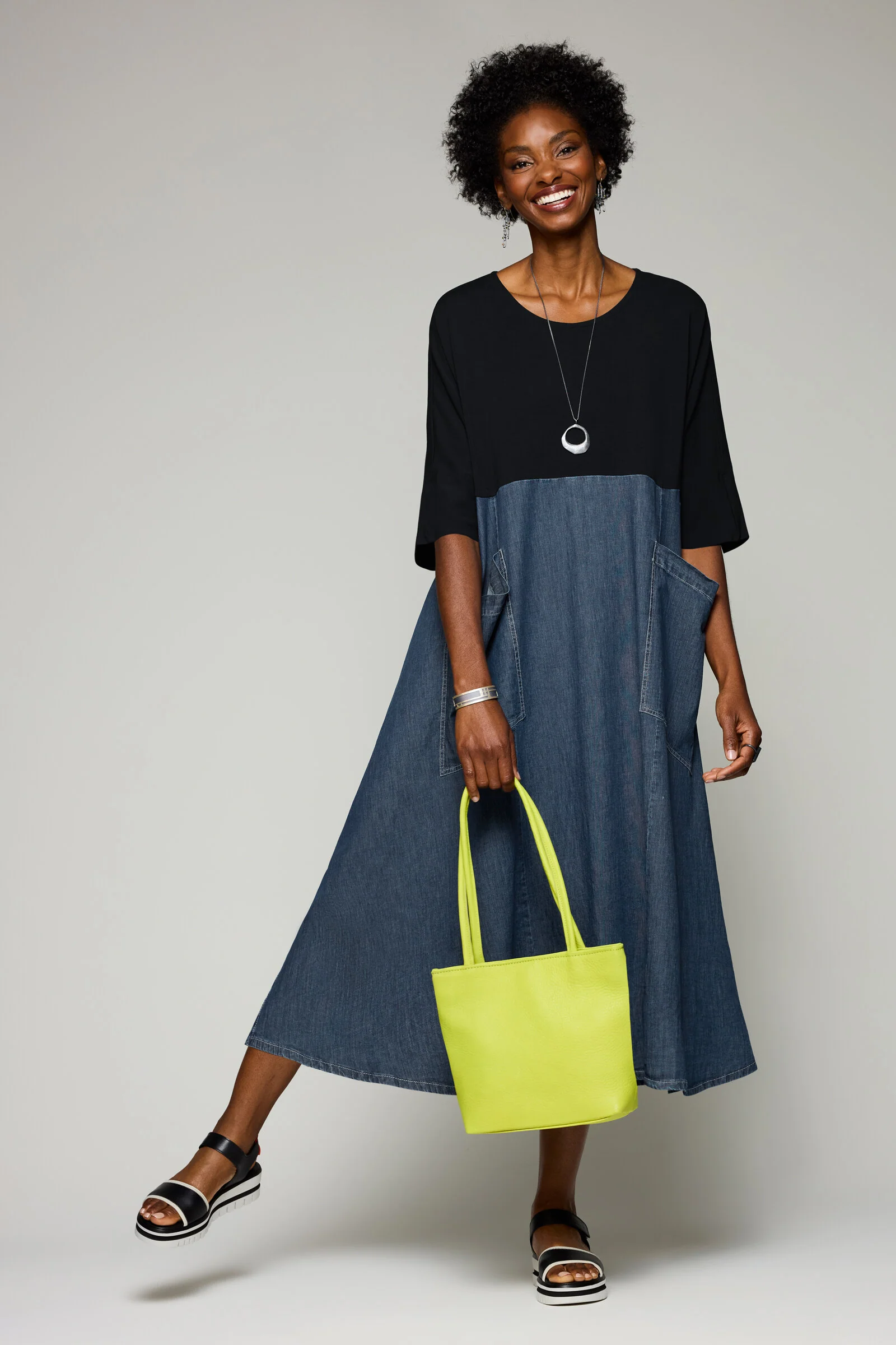 Oversized Mixed Media Dress - Navy/Indigo - Image 3