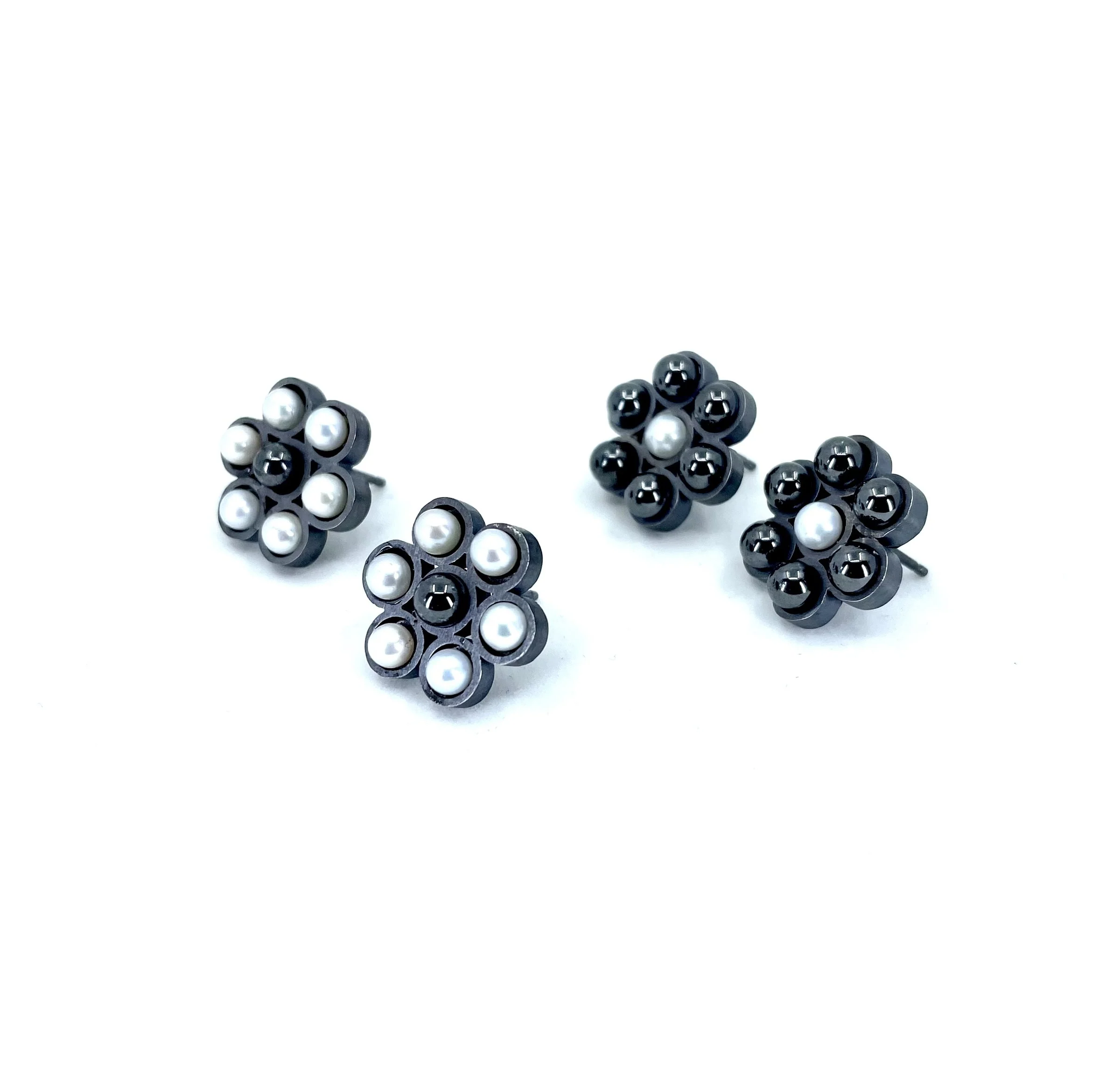 Pearl and Hematite Flower Post Earrings - Pearl Center - Image 2