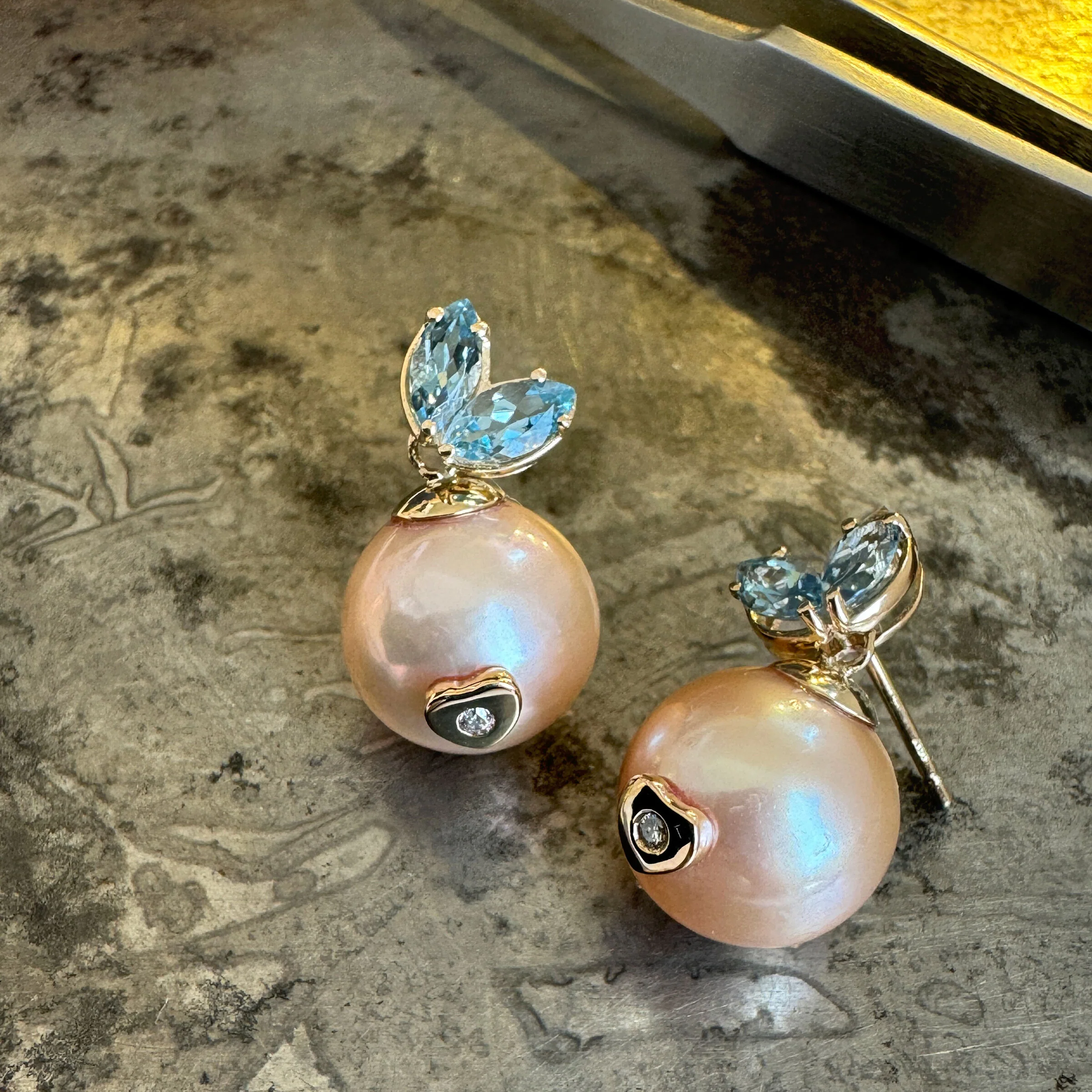 Pearl & Diamond Queen Rabbit Earrings - akoya pearl, aqua, diamond, rabbit earrings, 14k yellow gold earrings - Image 3