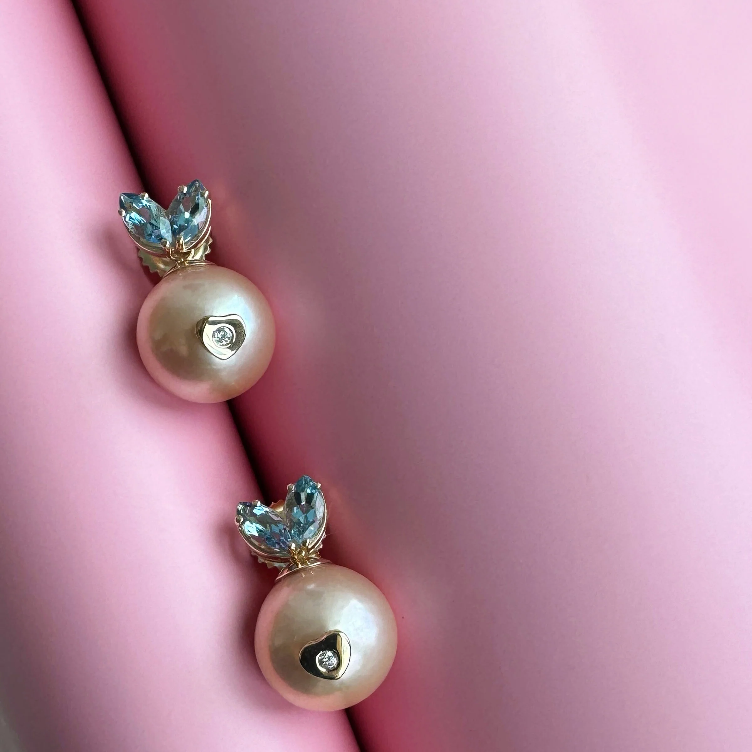 Pearl & Diamond Queen Rabbit Earrings - akoya pearl, aqua, diamond, rabbit earrings, 14k yellow gold earrings - Image 4