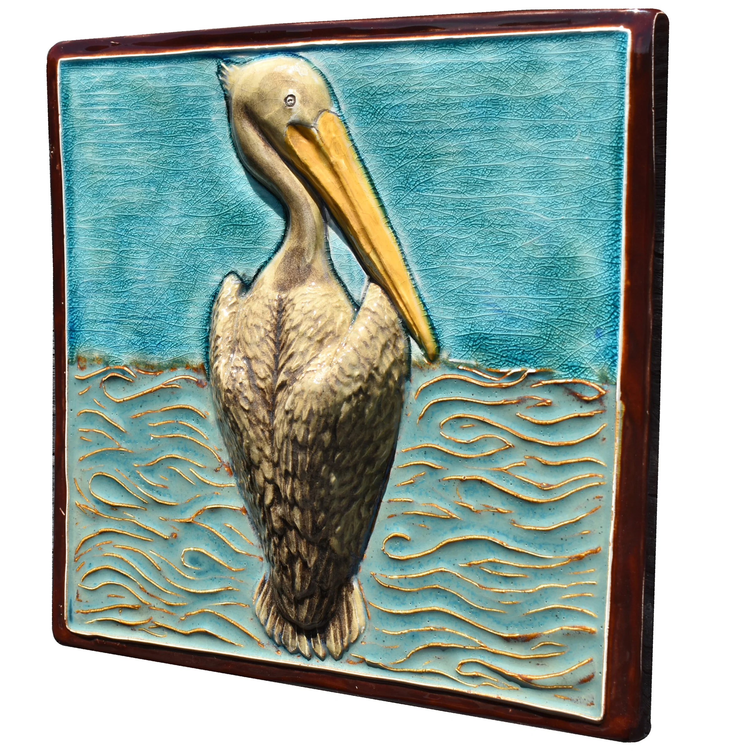 Pelican Sculptural Tile in Teal and Blue with Brown Border - Image 2