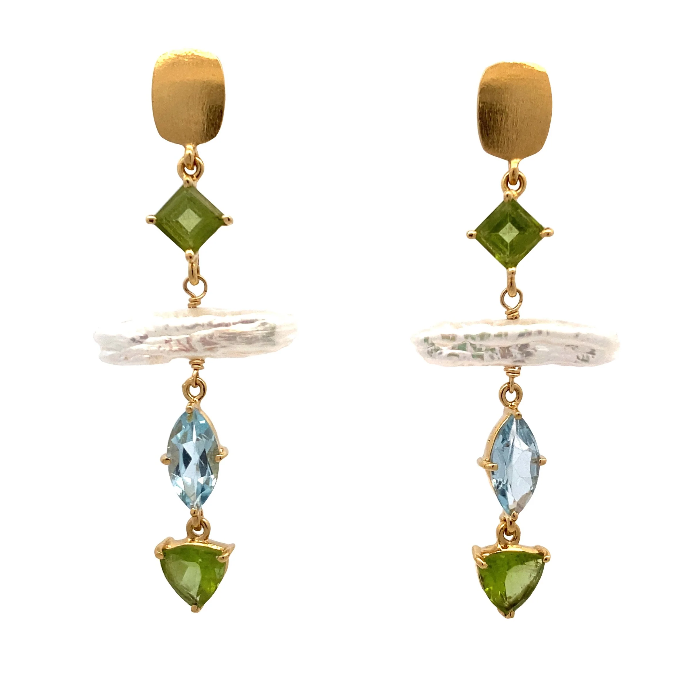 Peridot, Blue Topaz & Stick Pearl Earrings