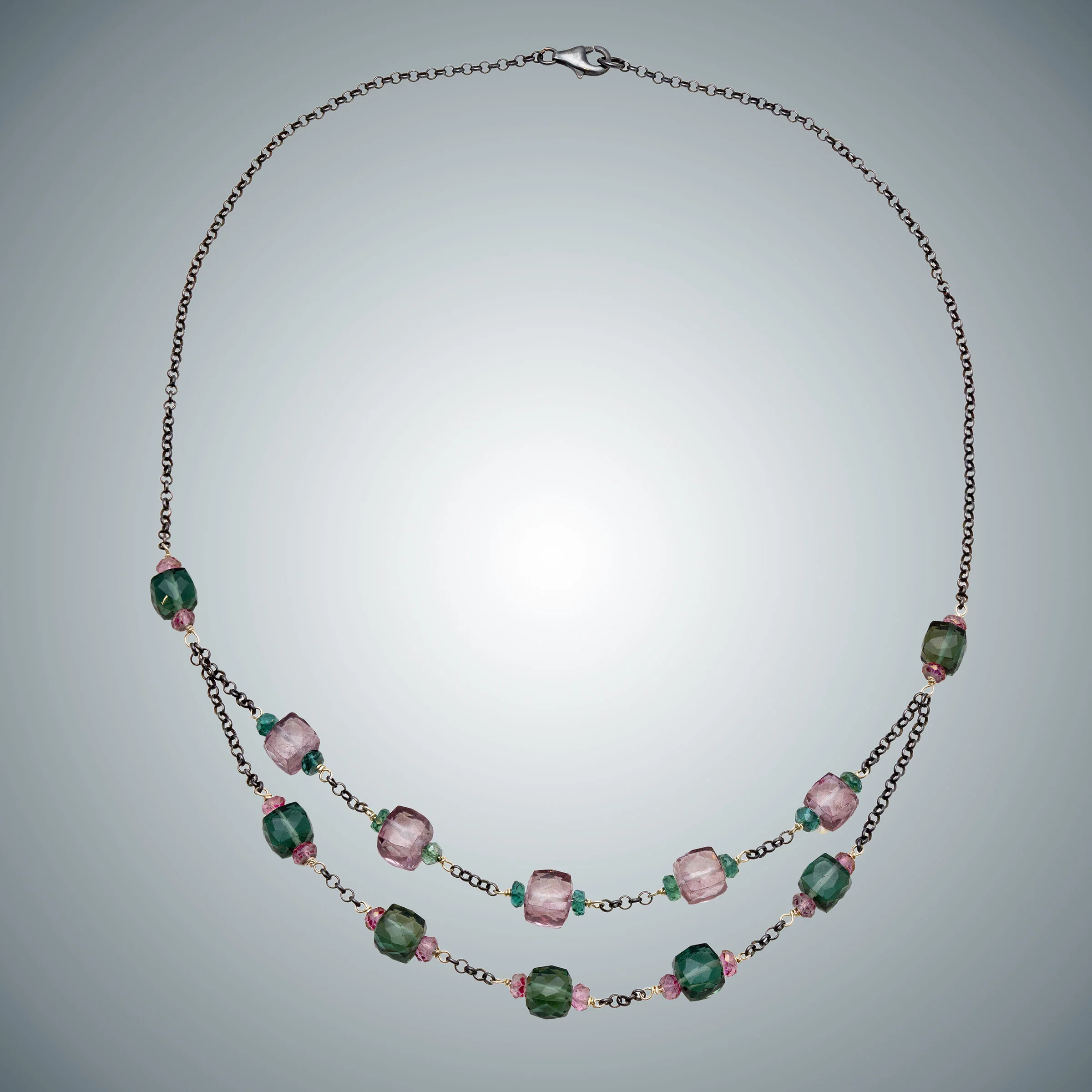 Pink and Green Quartz and Sterling Silver - Silver & Stone Necklace