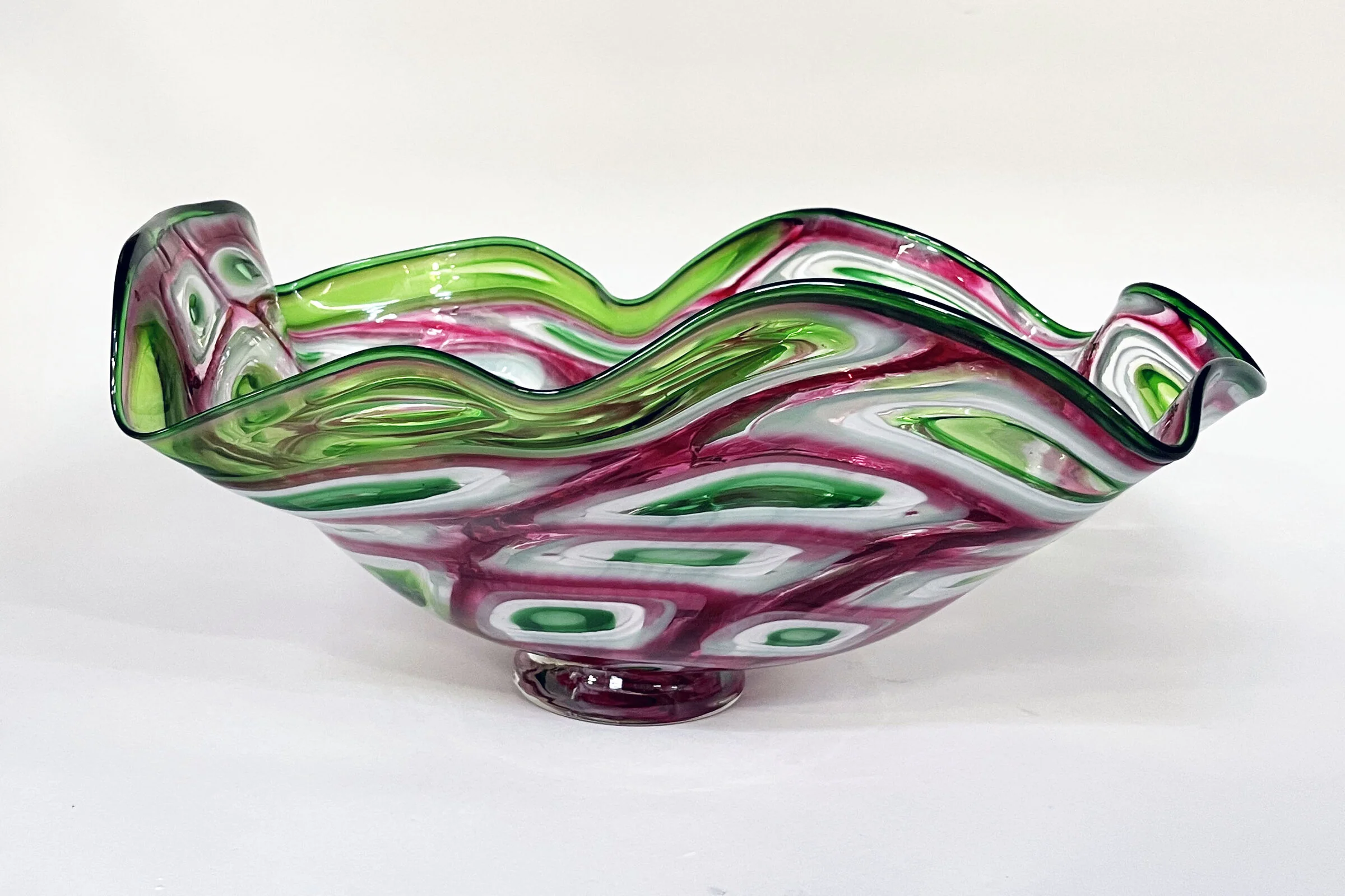 Pink, Green, and White Mosaic Ruffled Bowl