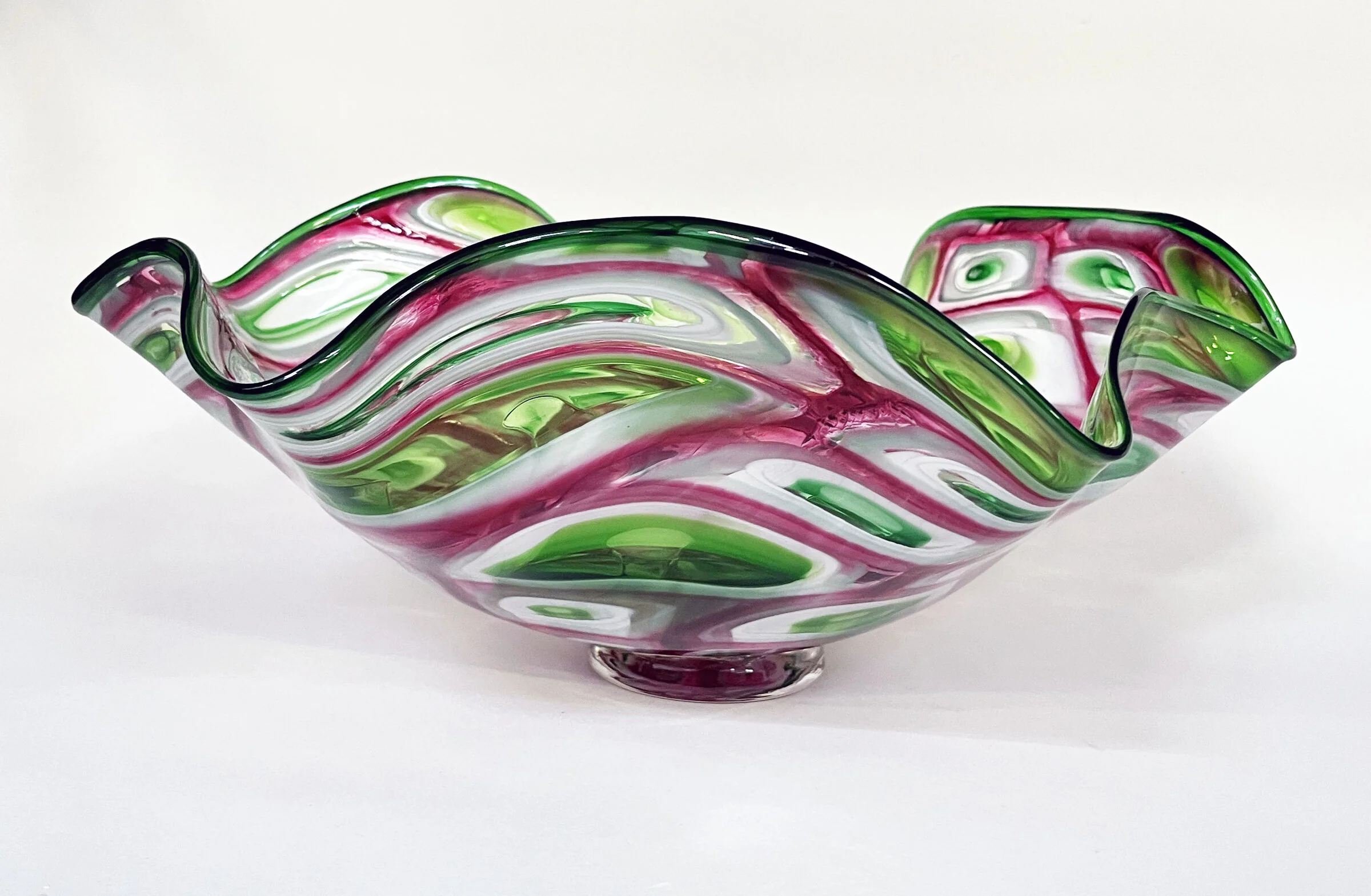 Pink, Green, and White Mosaic Ruffled Bowl - Image 2