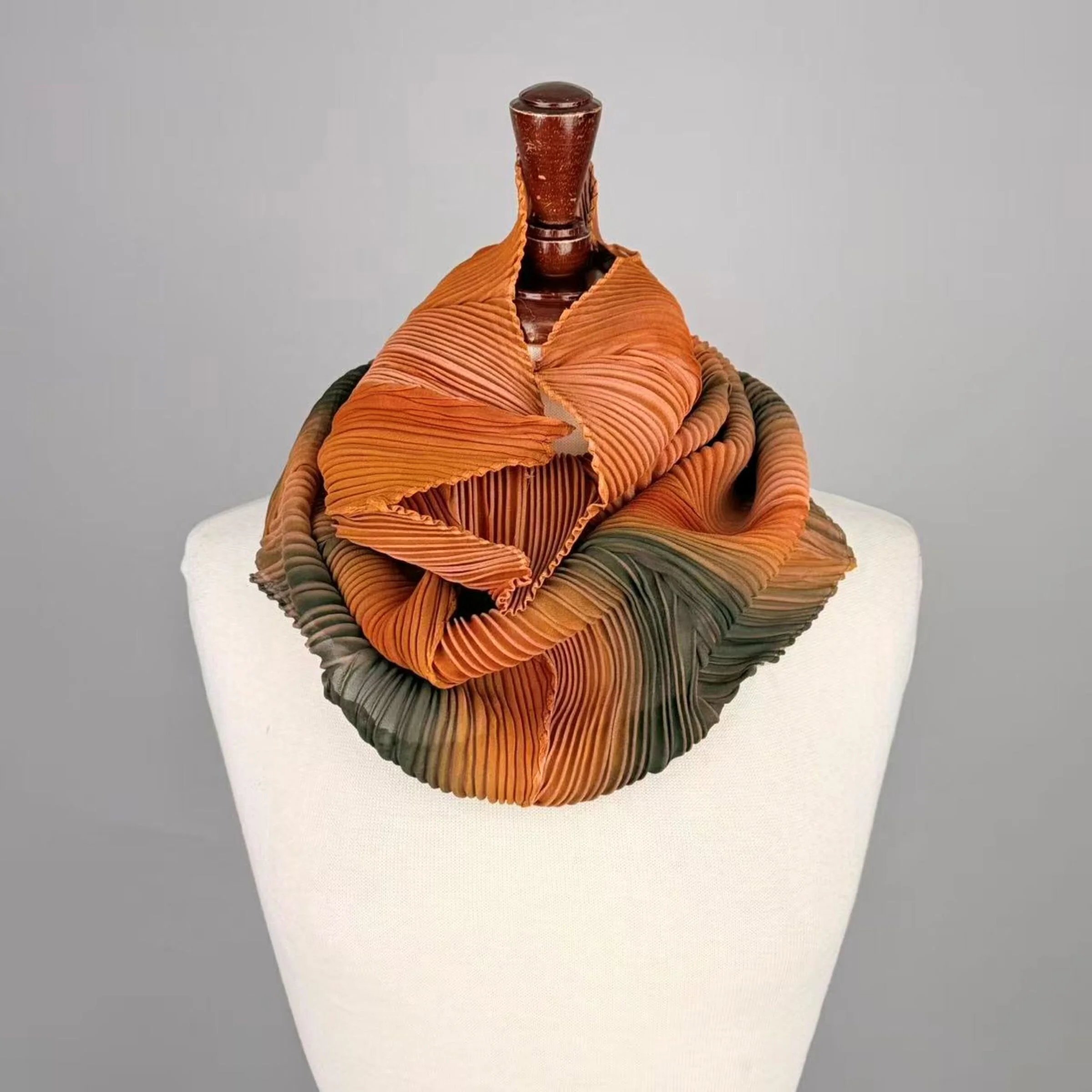 Pleated Silk Loop Scarf - Burnt Orange and Olive - Image 2