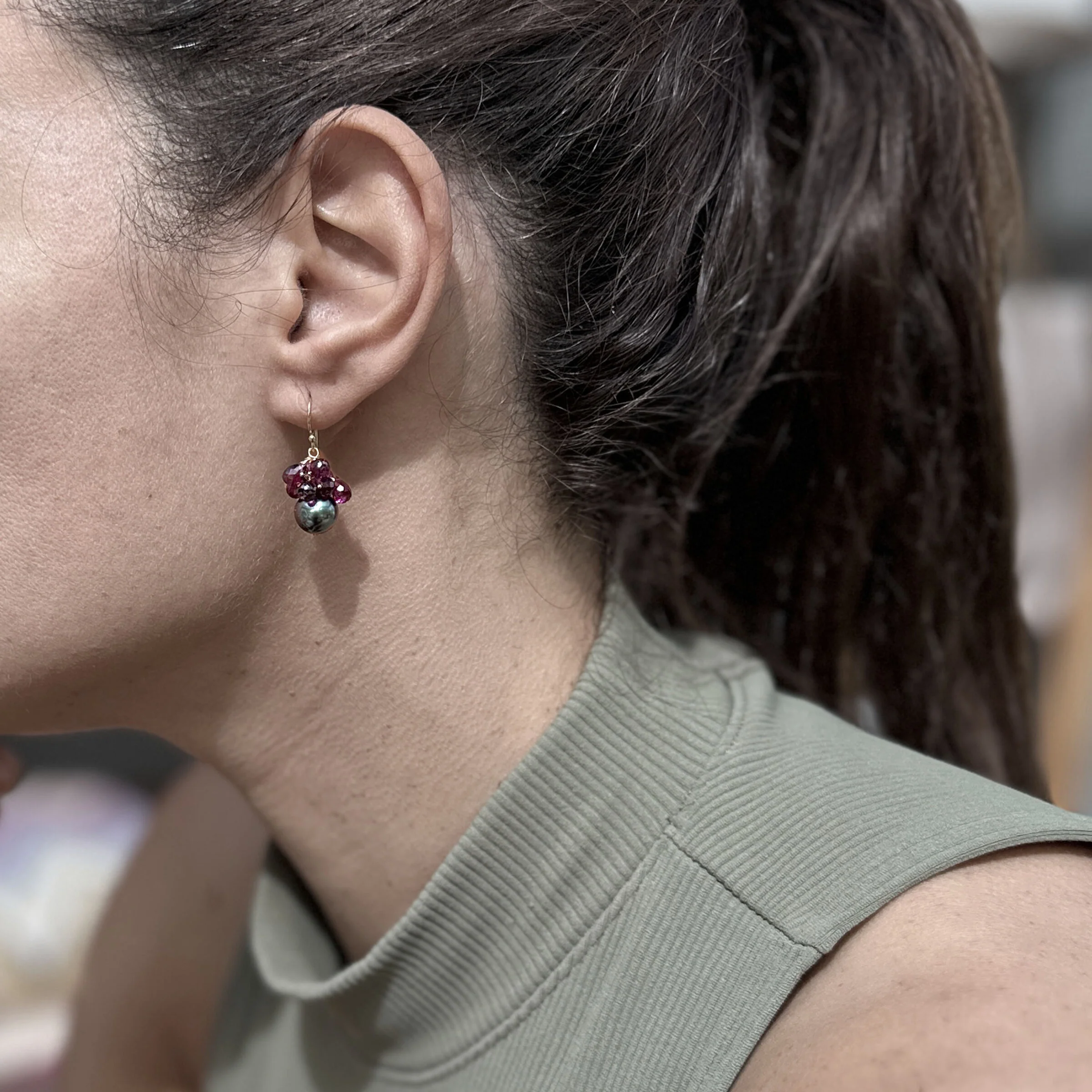 Purple Garnet & Tahitian Pearl Earrings - Image 2