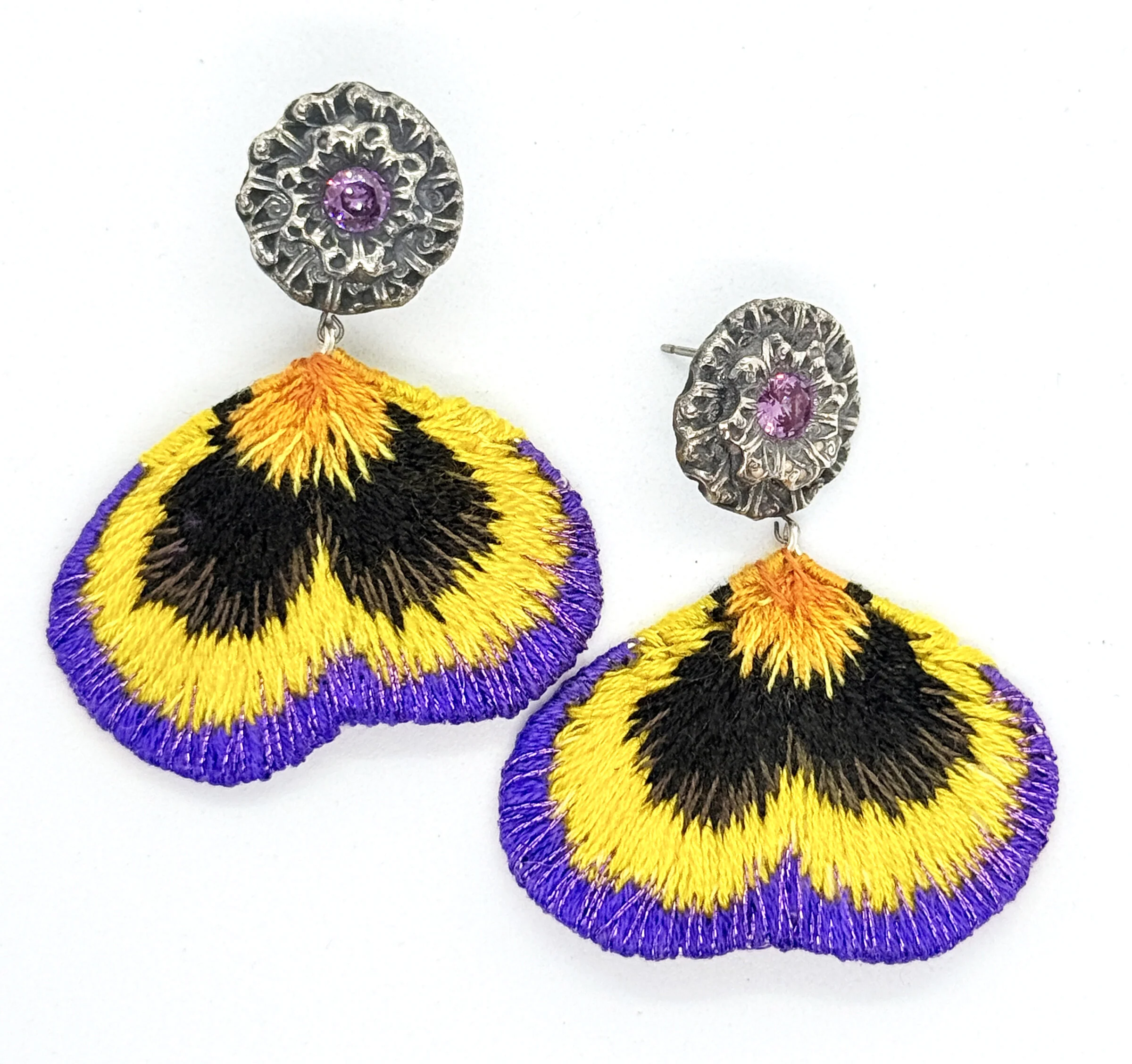 Purple Pansy Embroidered Earrings