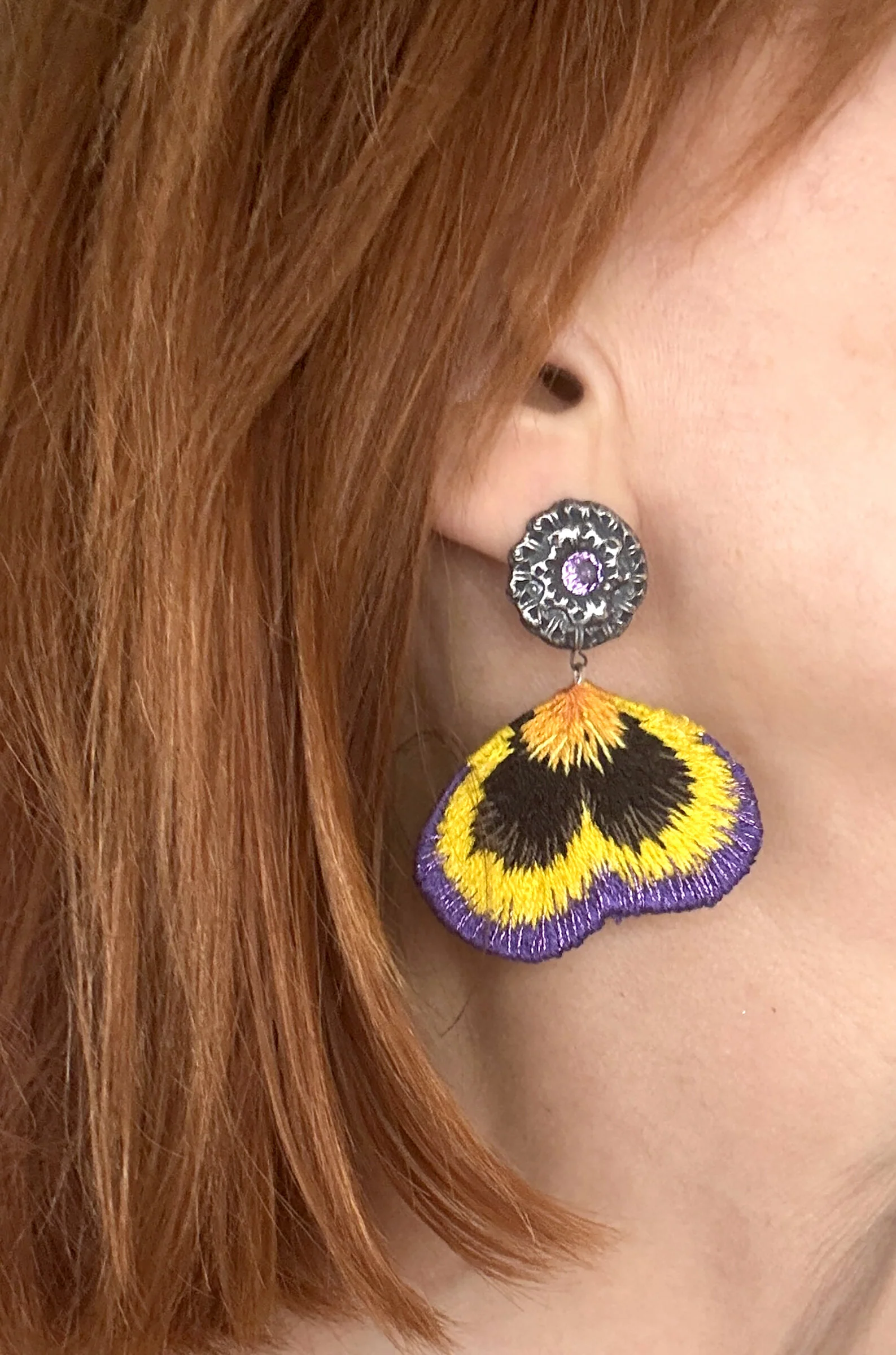 Purple Pansy Embroidered Earrings - Image 2