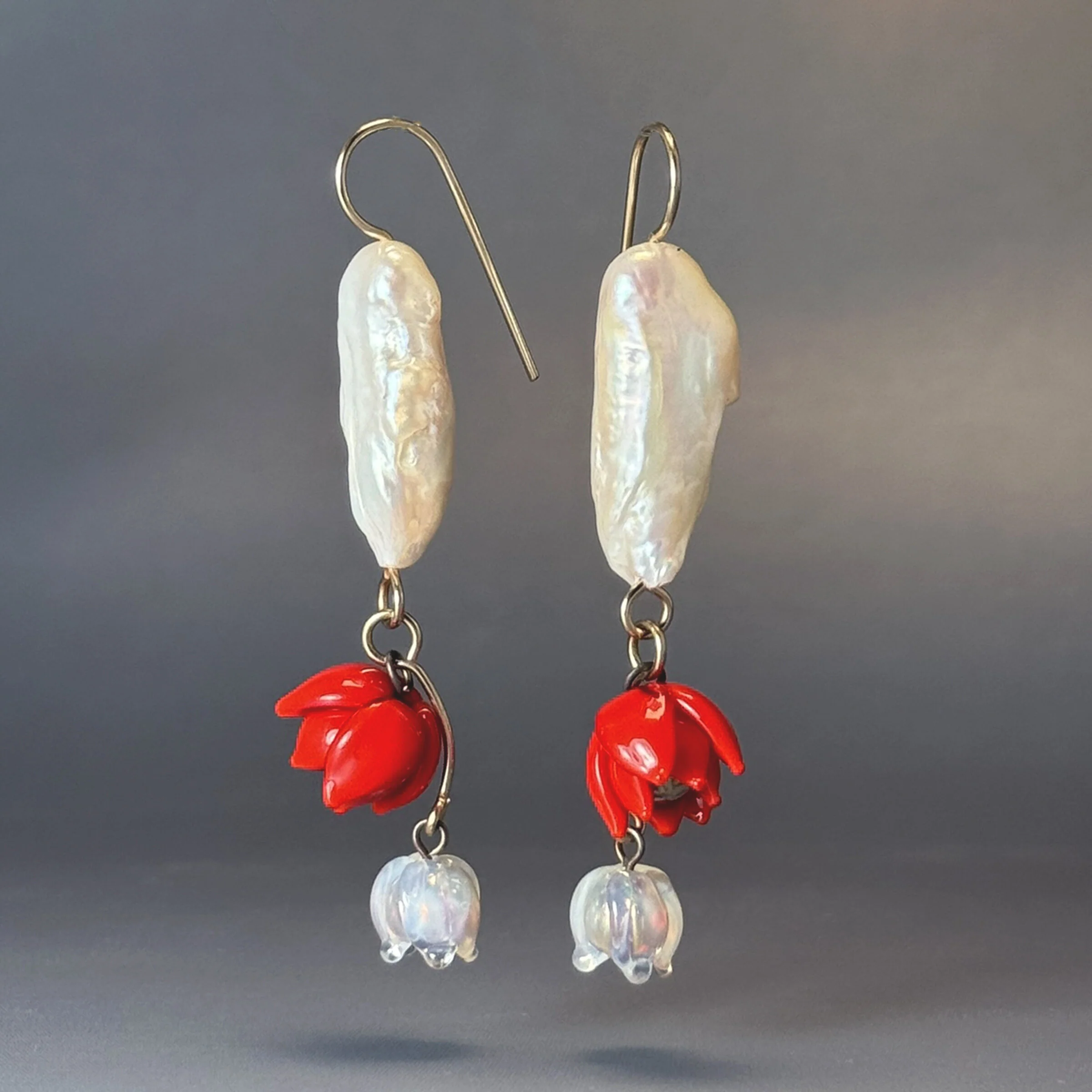 Red Blooms with Pearl Earrings - Image 2