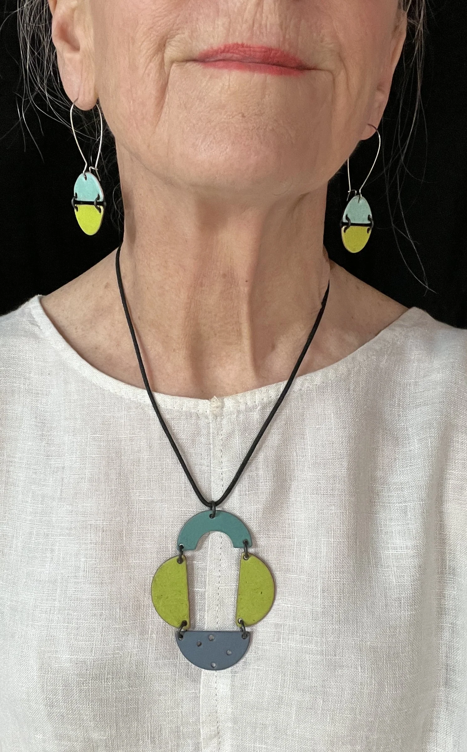 Reversible Color Block Half Moon Necklace - Chartreuse/Turquoise/Gray - Image 2