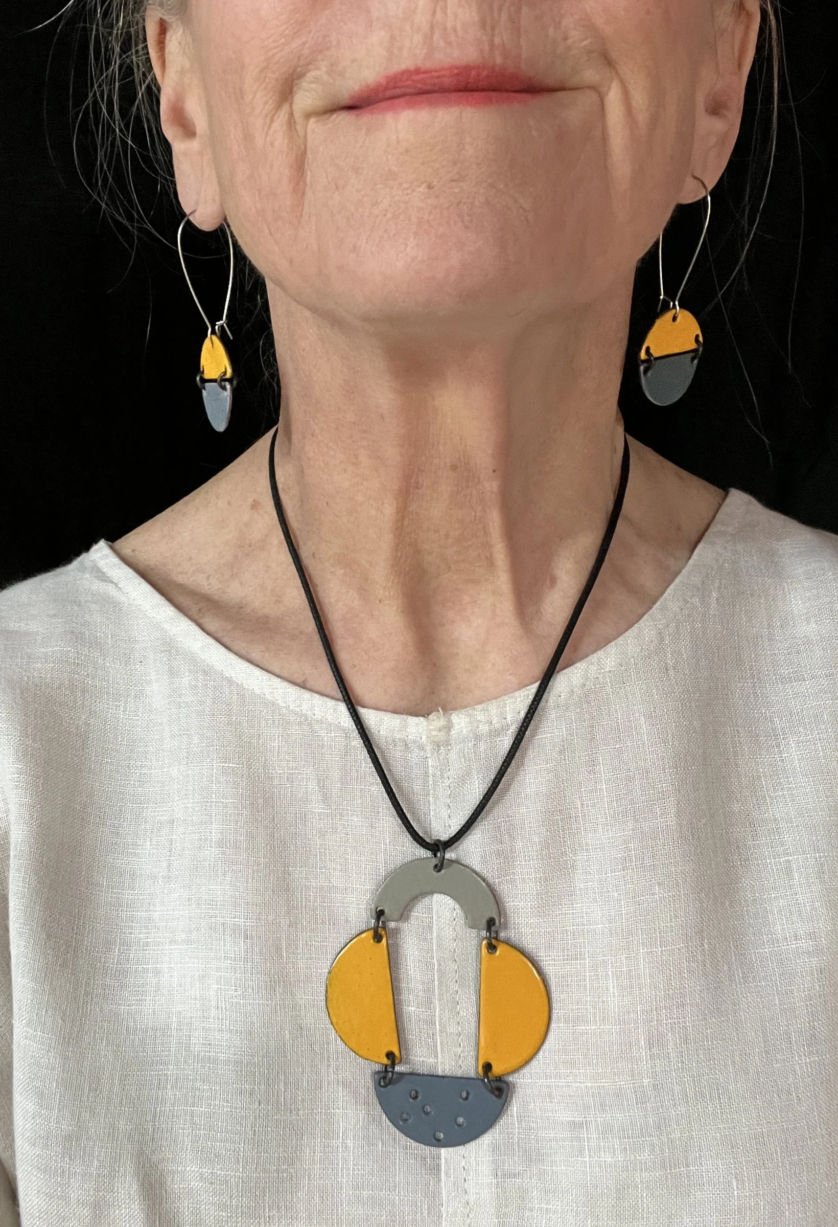 Reversible Color Block Half Moon Necklace - Gold/Taupe/Gray - Image 2