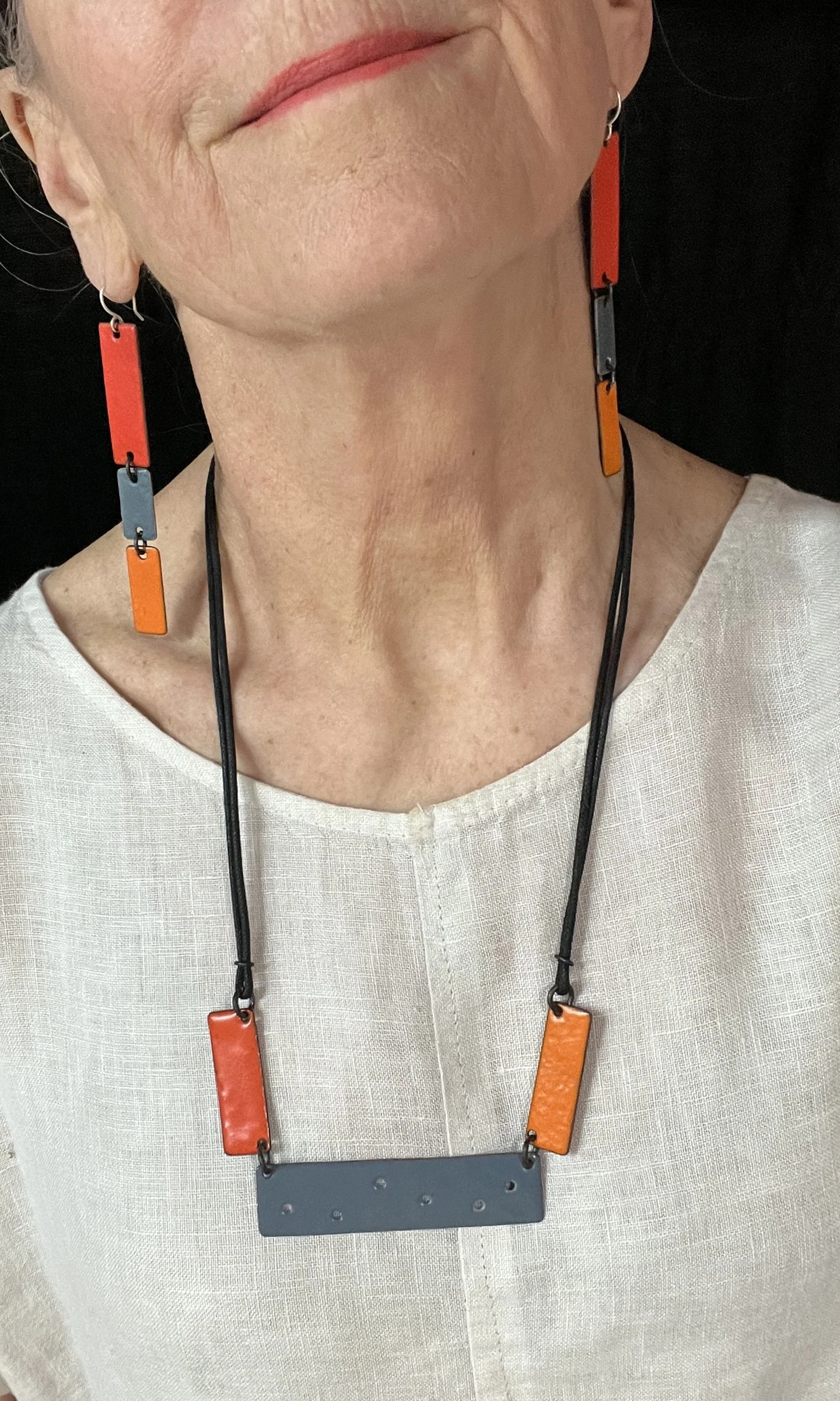 Reversible Color Block Necklace - Red/Orange/Gray - Image 3
