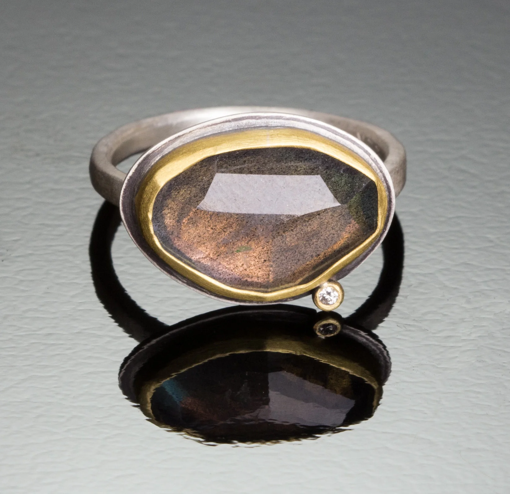 Rose Cut Labradorite Ring with Diamond Dot - Image 3