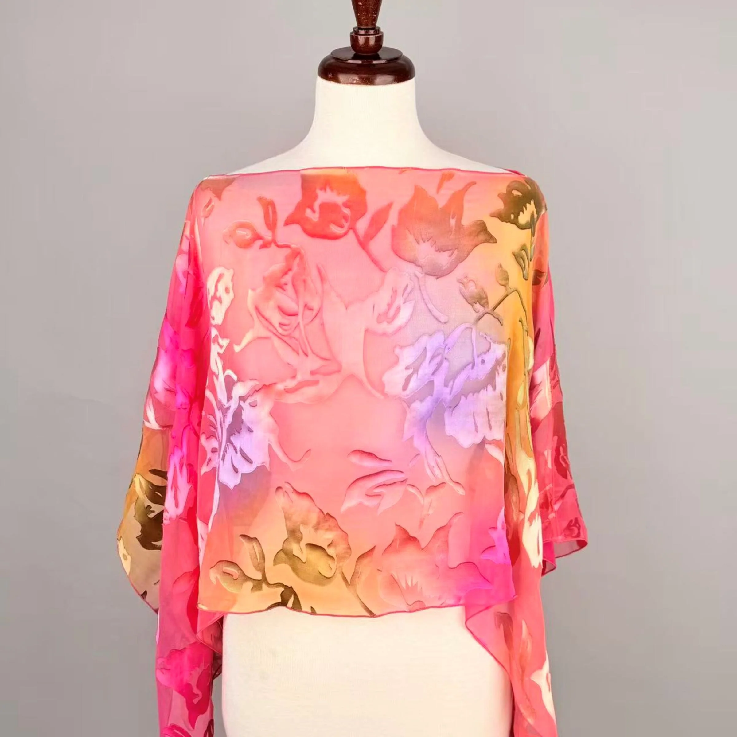Silk Poncho Scarf - Coral Sunset Garden