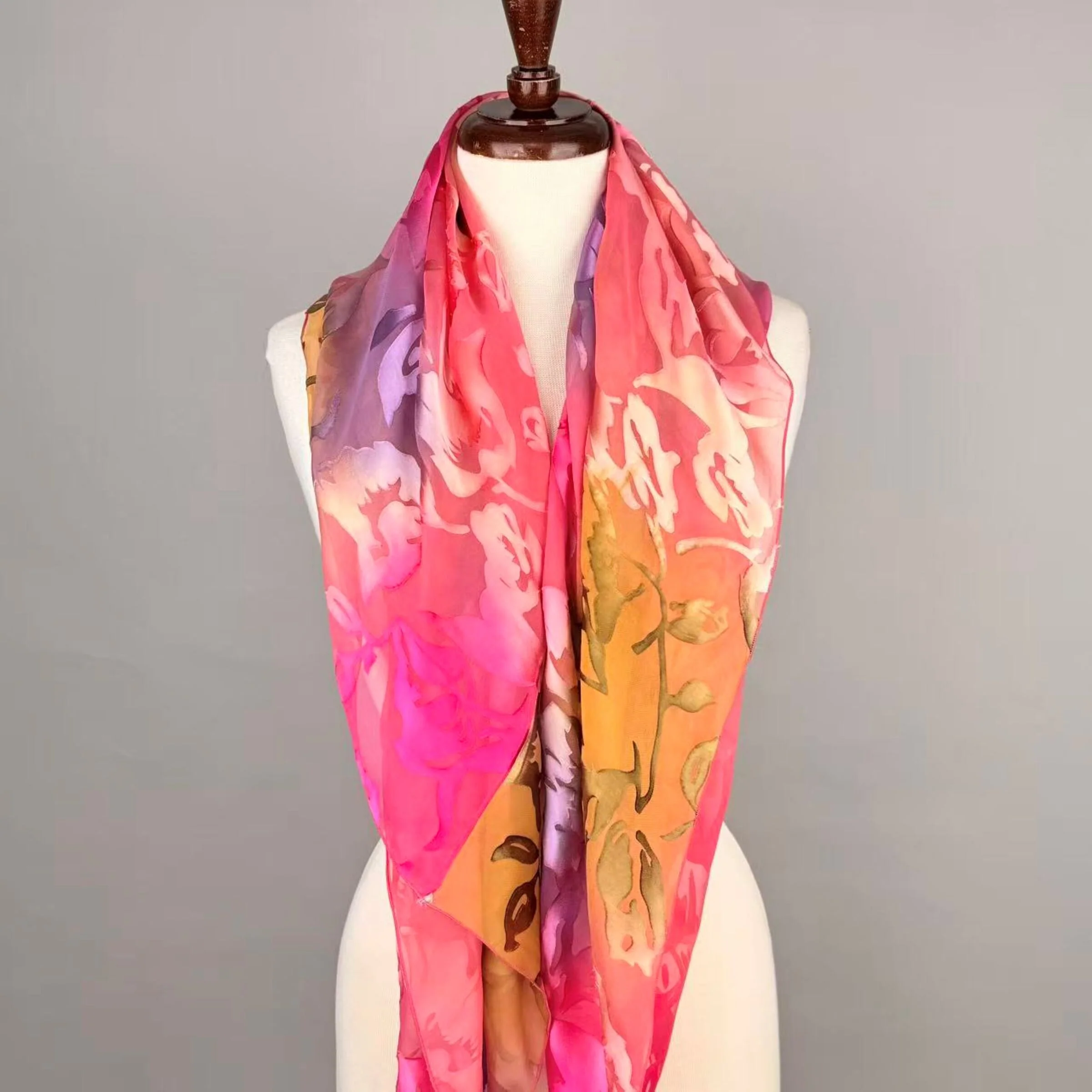 Silk Poncho Scarf - Coral Sunset Garden - Image 2
