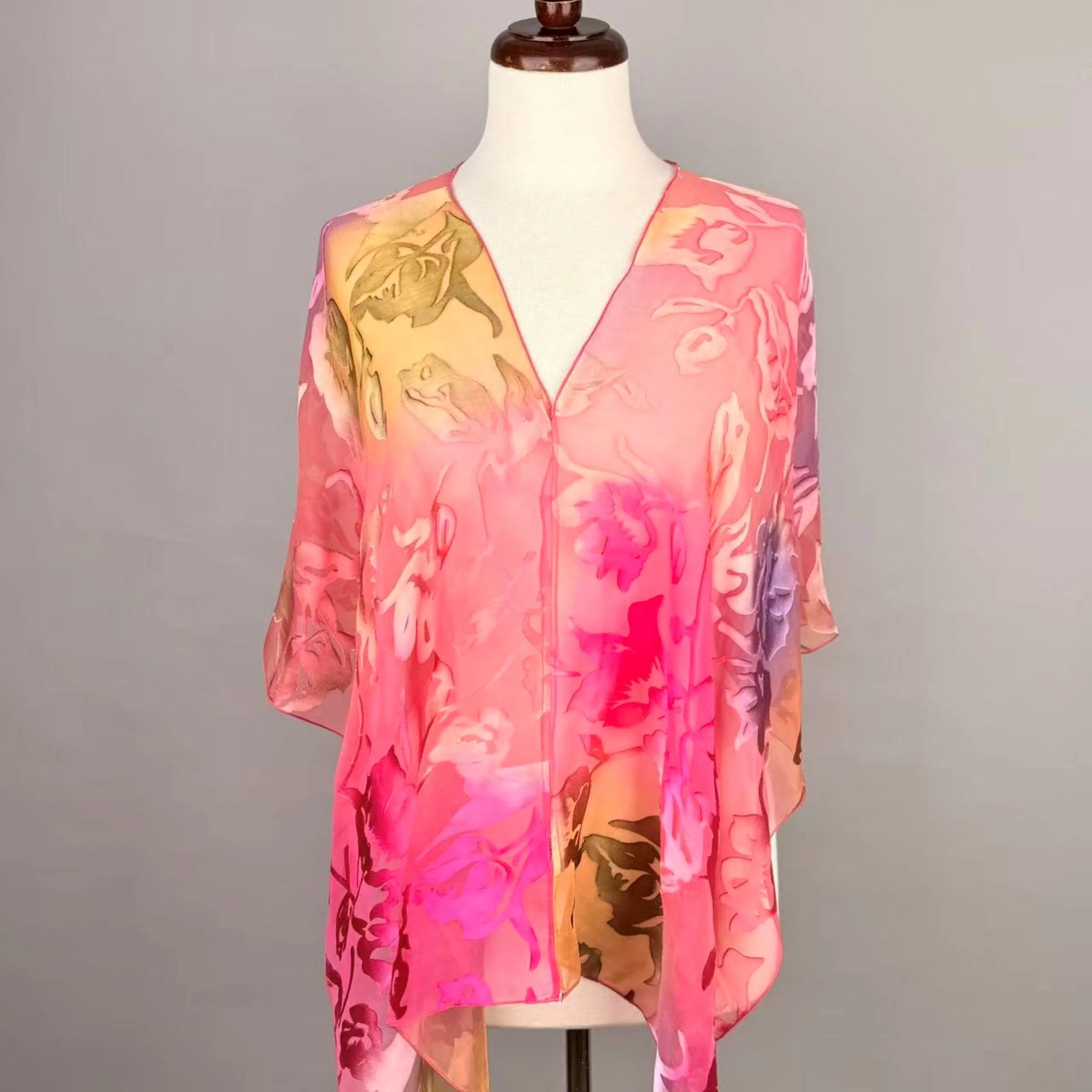 Silk Poncho Scarf - Coral Sunset Garden - Image 3