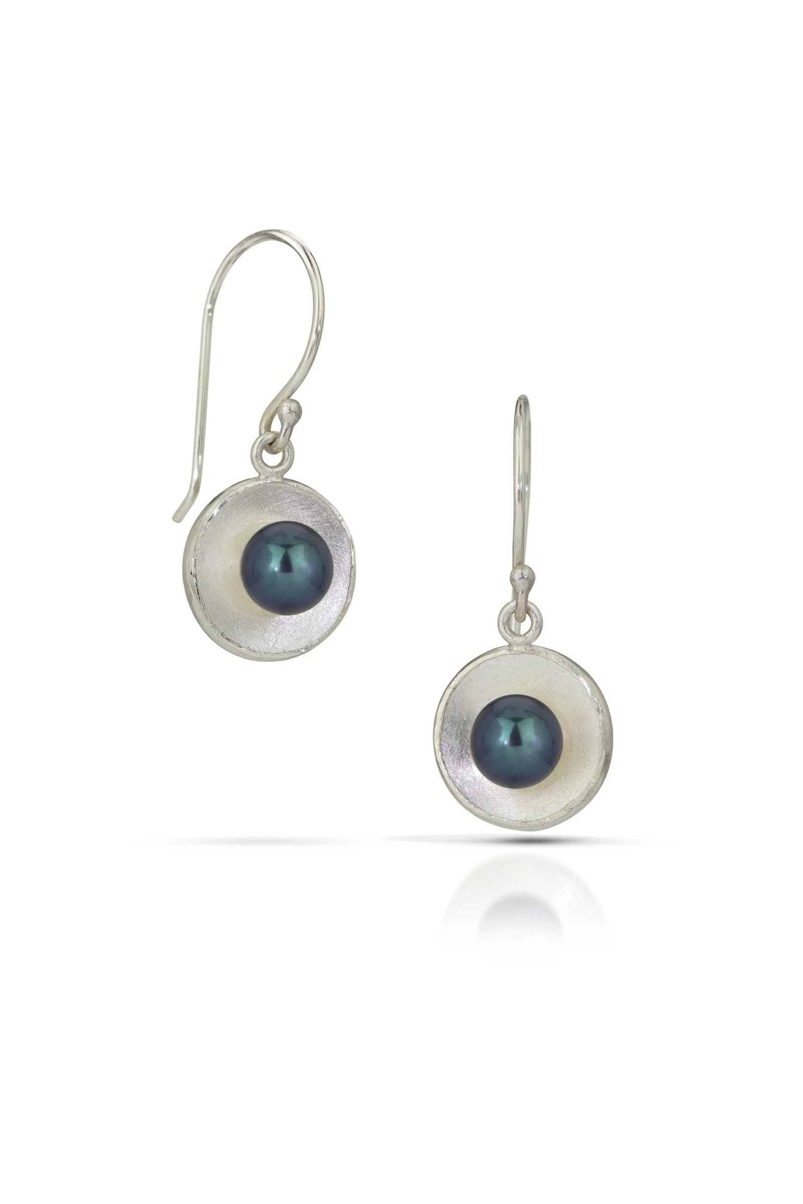 Silver Concave Circle Pearl Drop Earrings - Image 5