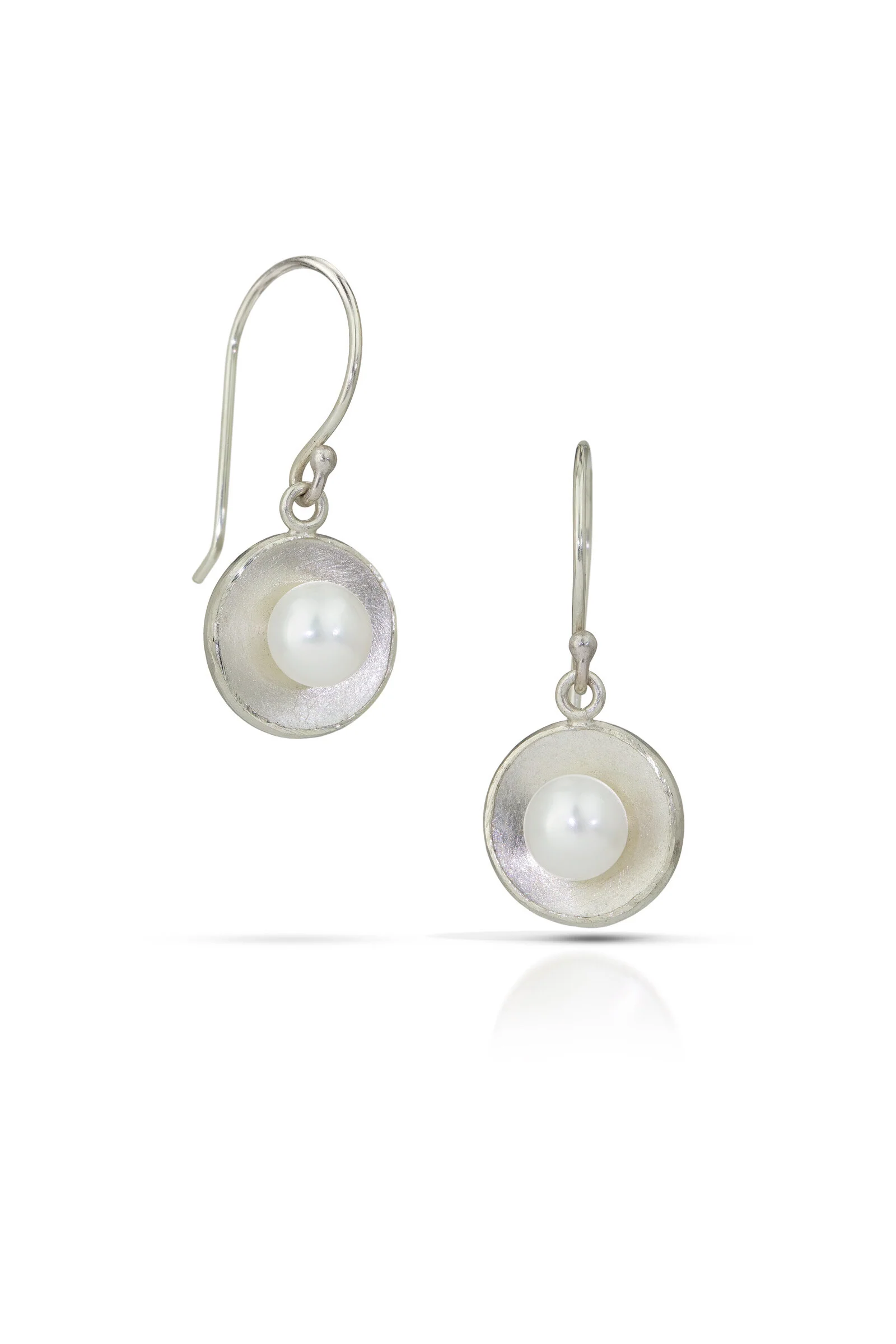 Silver Concave Circle Pearl Drop Earrings