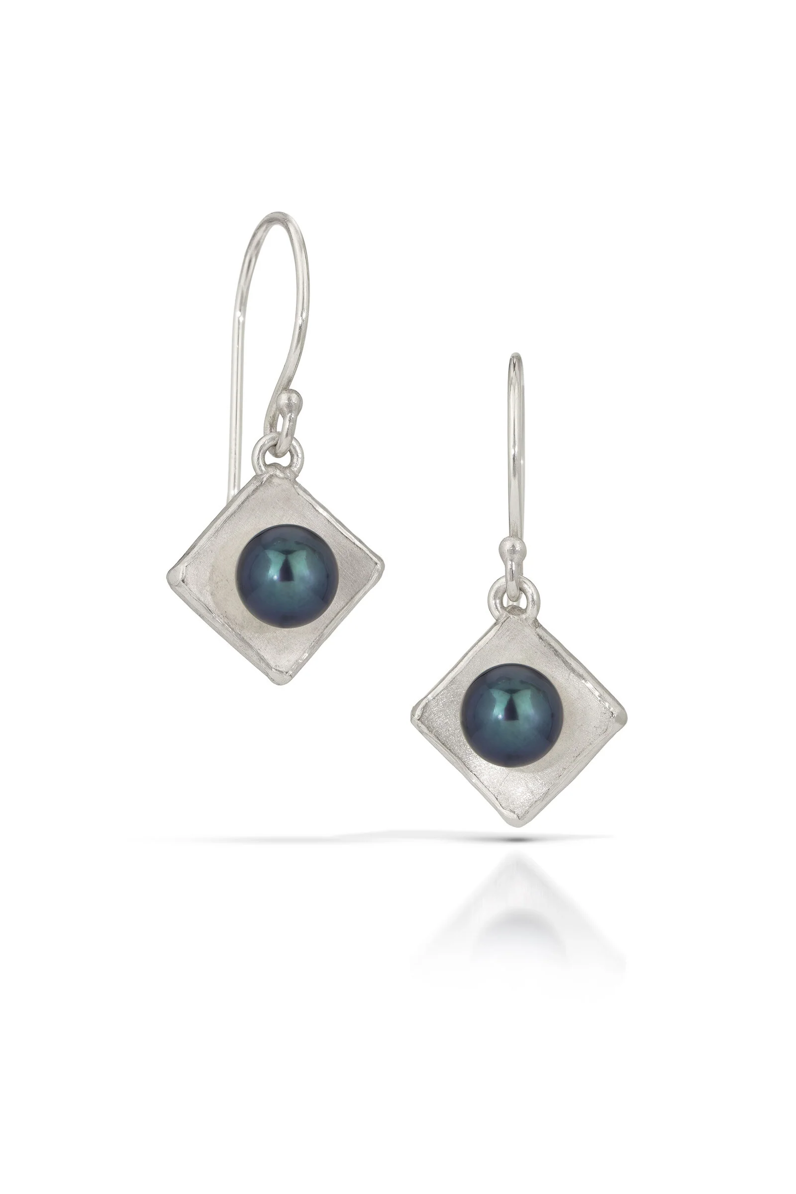 Silver Concave Square Pearl Drop Earrings