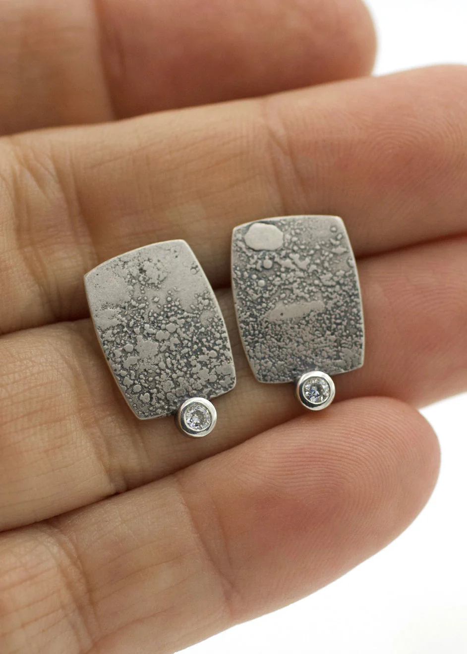Sterling Silver Rectangle Lichen Texture Moissanite Earrings - Image 5