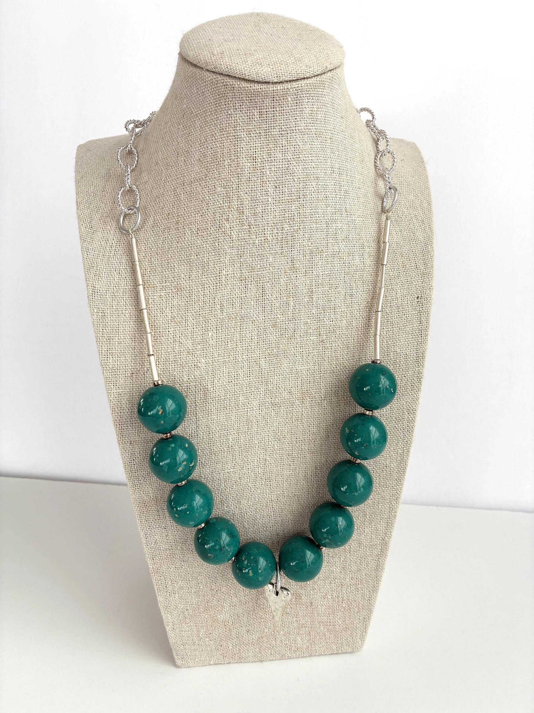Silver Heart & Teal Beads Necklace - Image 2