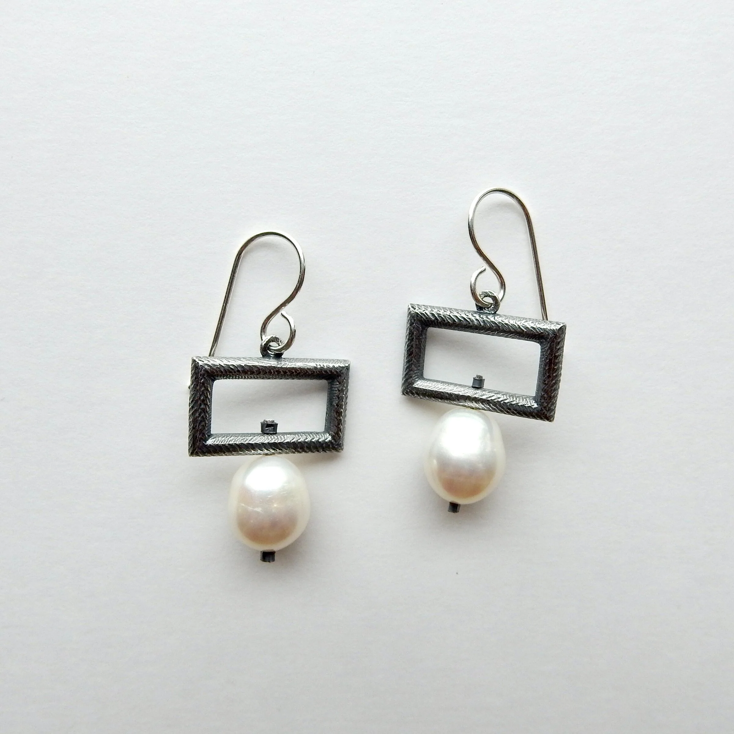 Silver Rectangle & Pearl Earrings