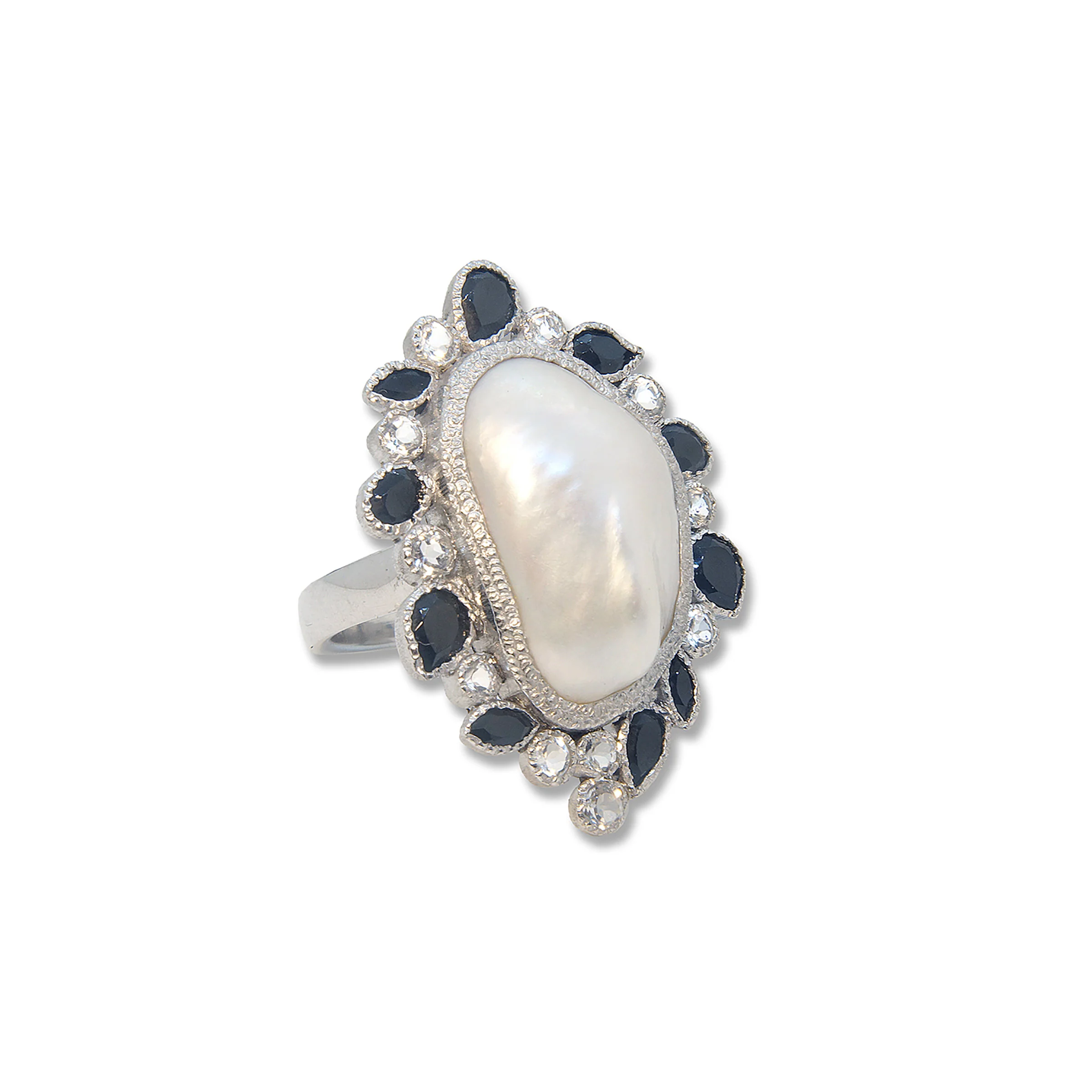Silver Spinel and Baroque Pearl Ring - Size