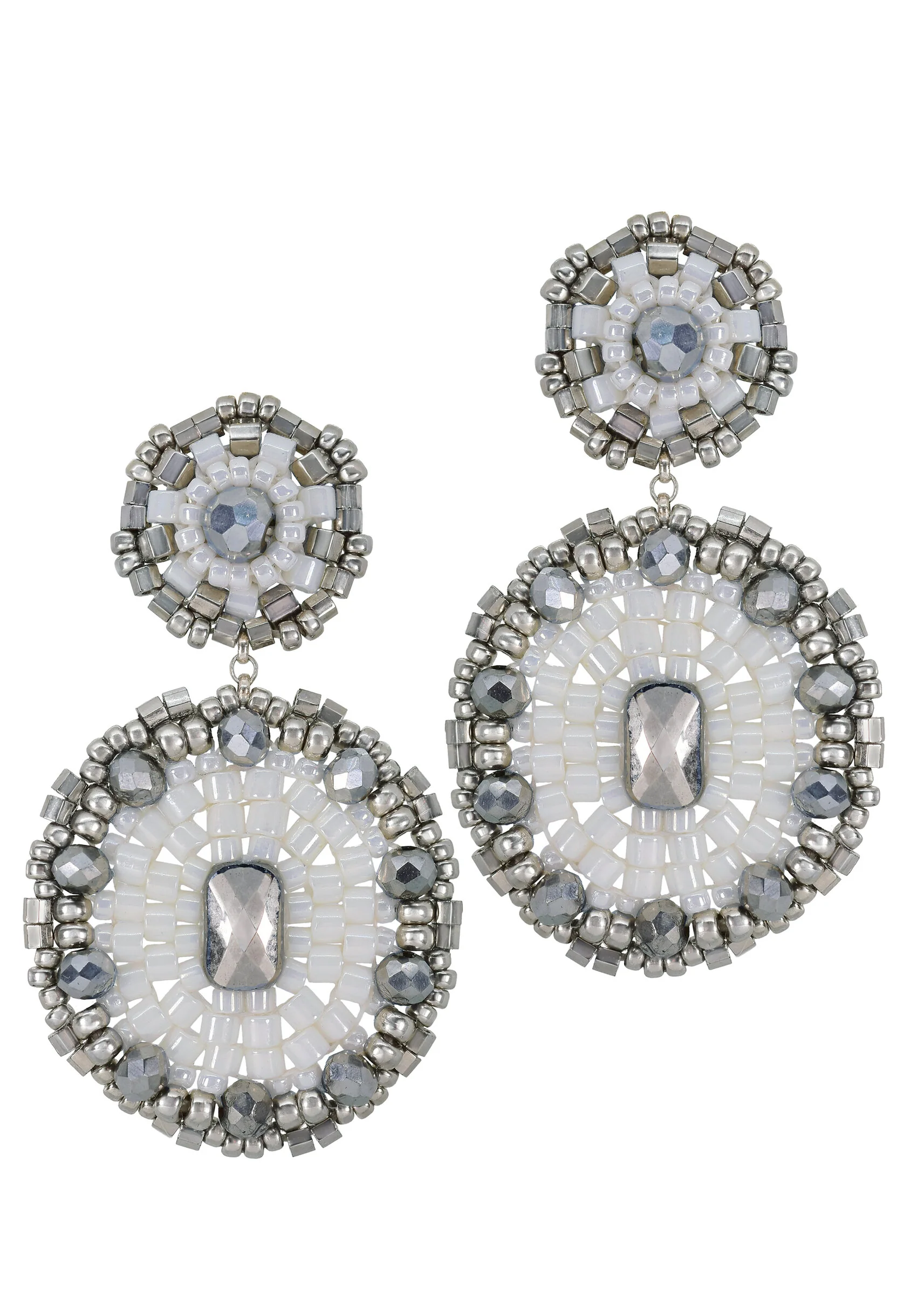 Silver & White Oval Earrings
