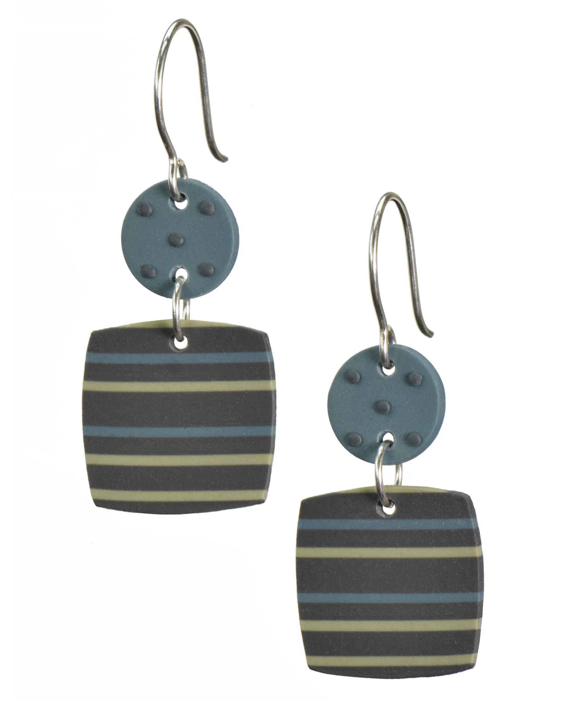 Small Square Earrings - Gray with Dark Teal and Celery Stripes