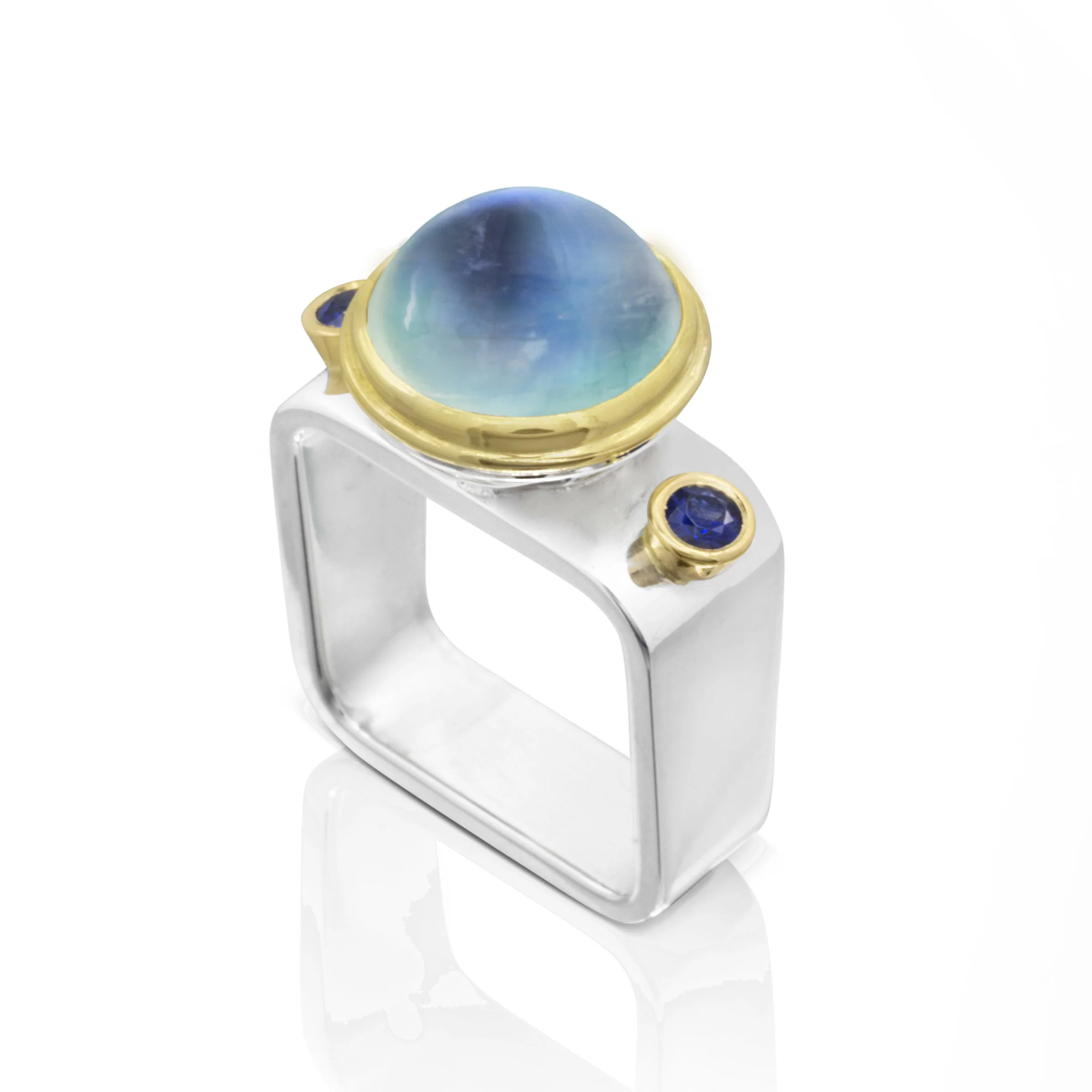Square Ring: Moonstone & Sapphires - Moonstone and Sapphire Square Ring with no stackers