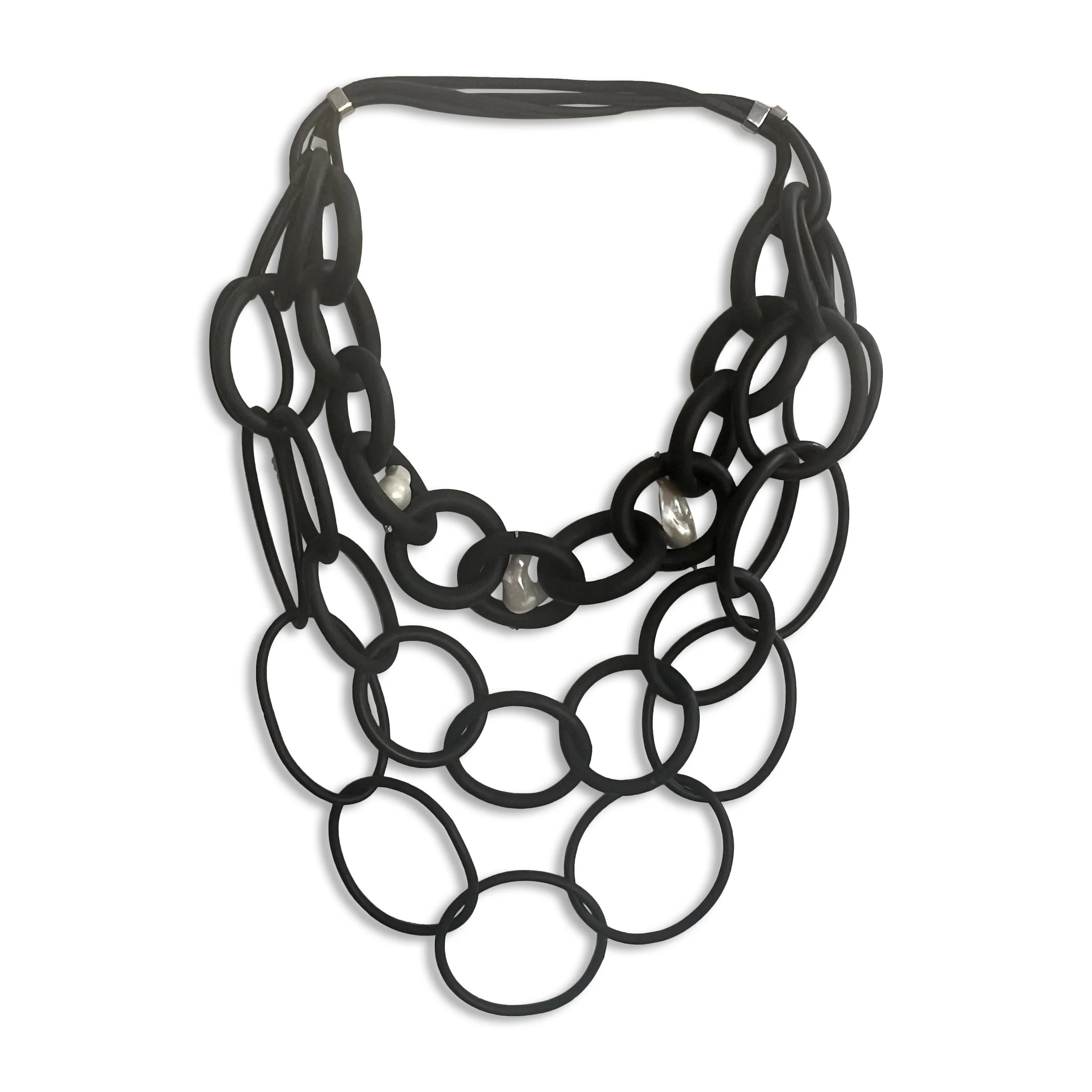 Triple Strand Black Rubber Necklace with White Baroque Pearls