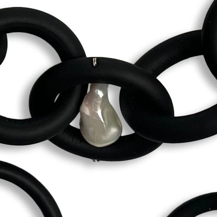 Triple Strand Black Rubber Necklace with White Baroque Pearls - Image 2