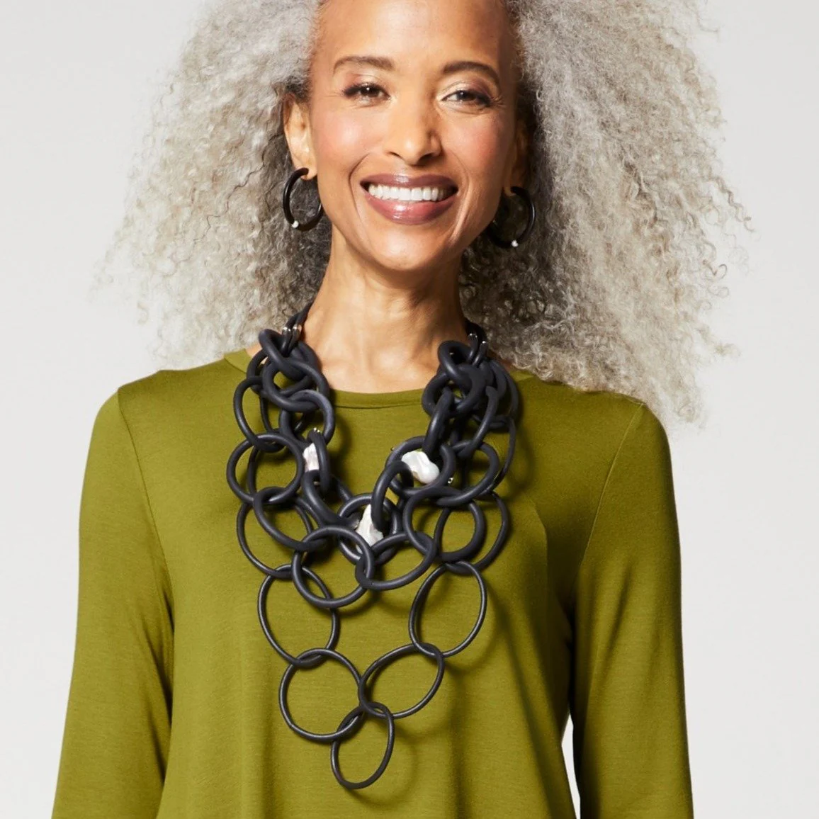 Triple Strand Black Rubber Necklace with White Baroque Pearls - Image 3
