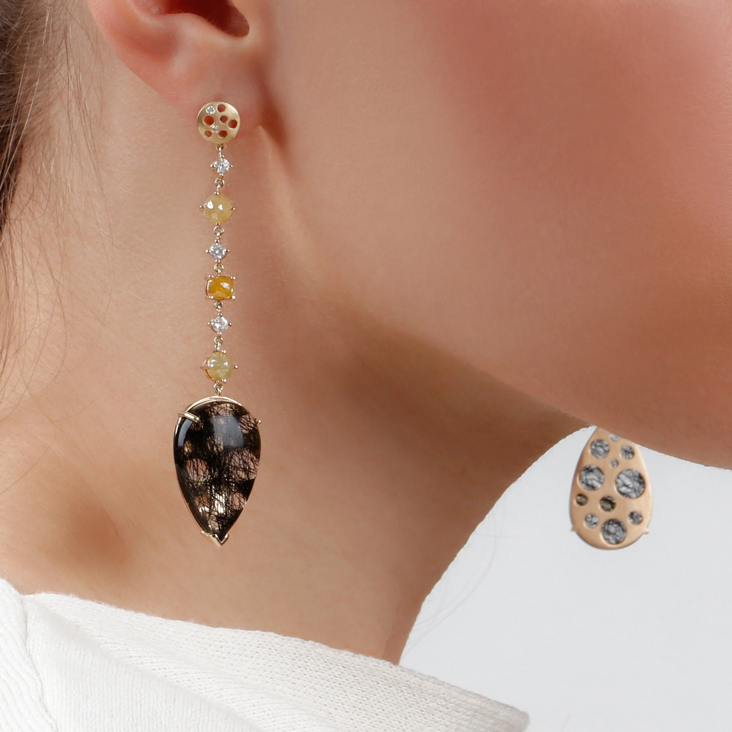 Turning Black Quartz & Diamond Drop Earrings - Image 2