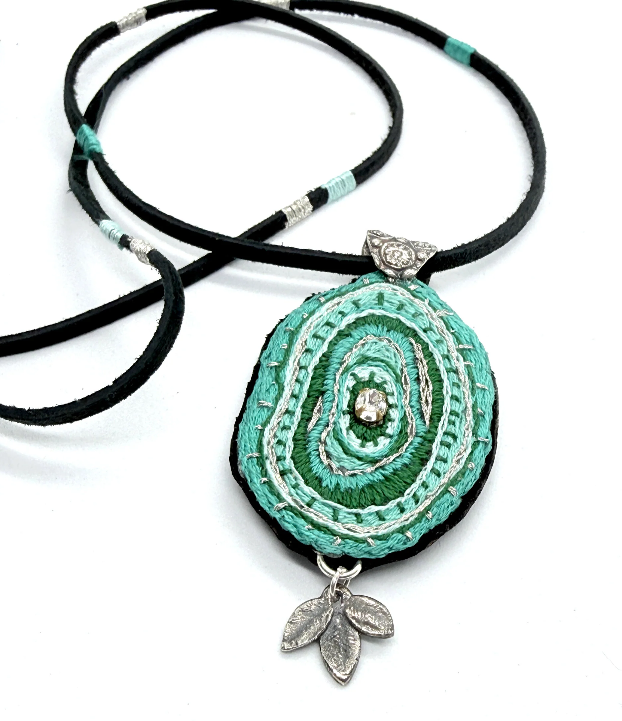 Turquoise & Green Embroidered Pendant - Image 2
