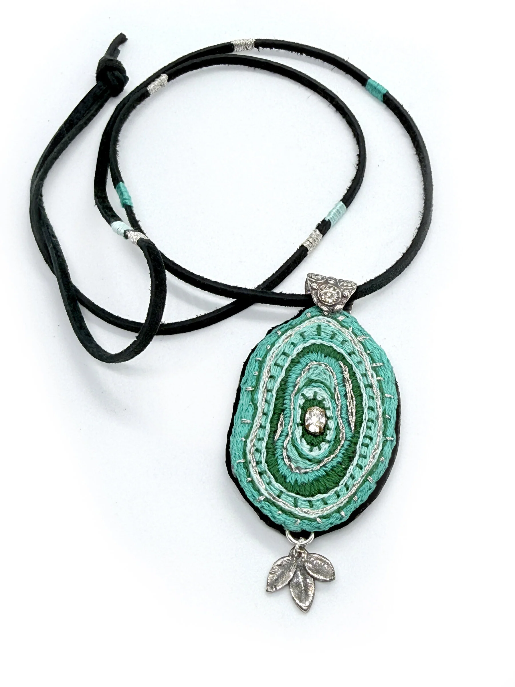Turquoise & Green Embroidered Pendant - Image 3